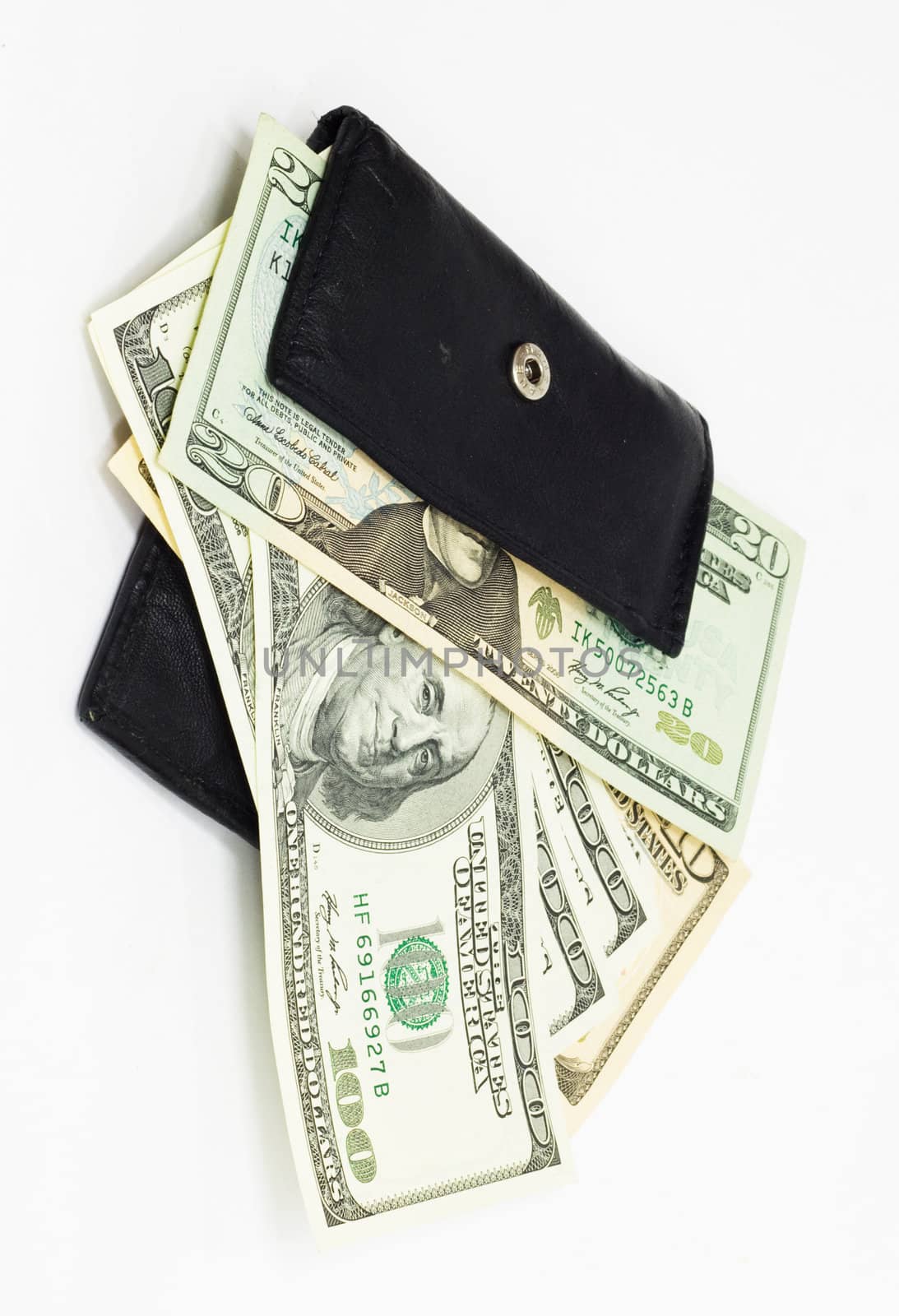 leather black wallet with ten and hundred dollars 