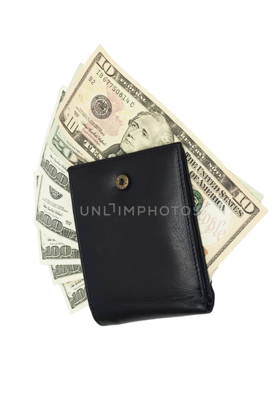 One black purse with the big pack of dollars 