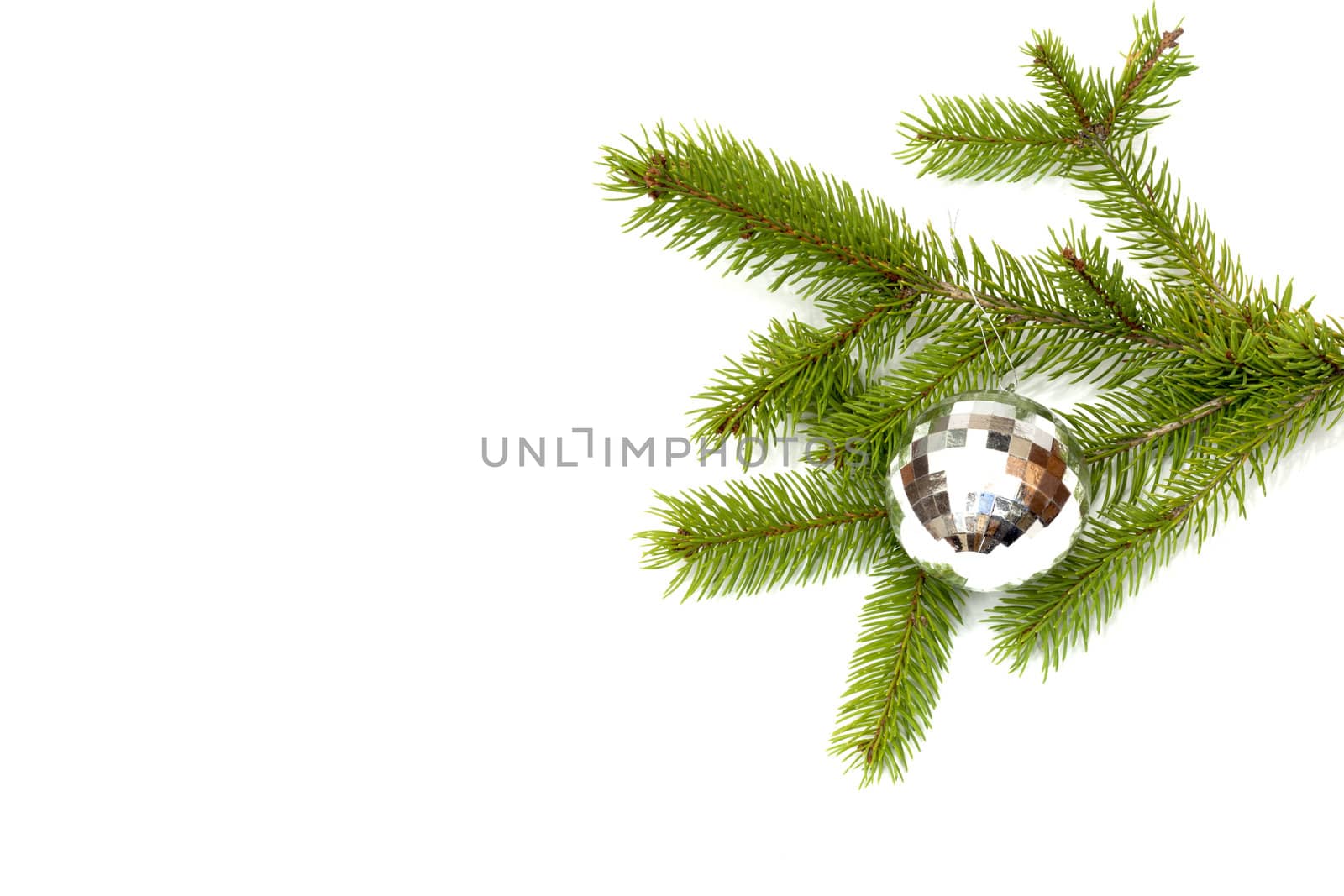 xmas tree ball hanging on a Christmas tree branch, isolated 