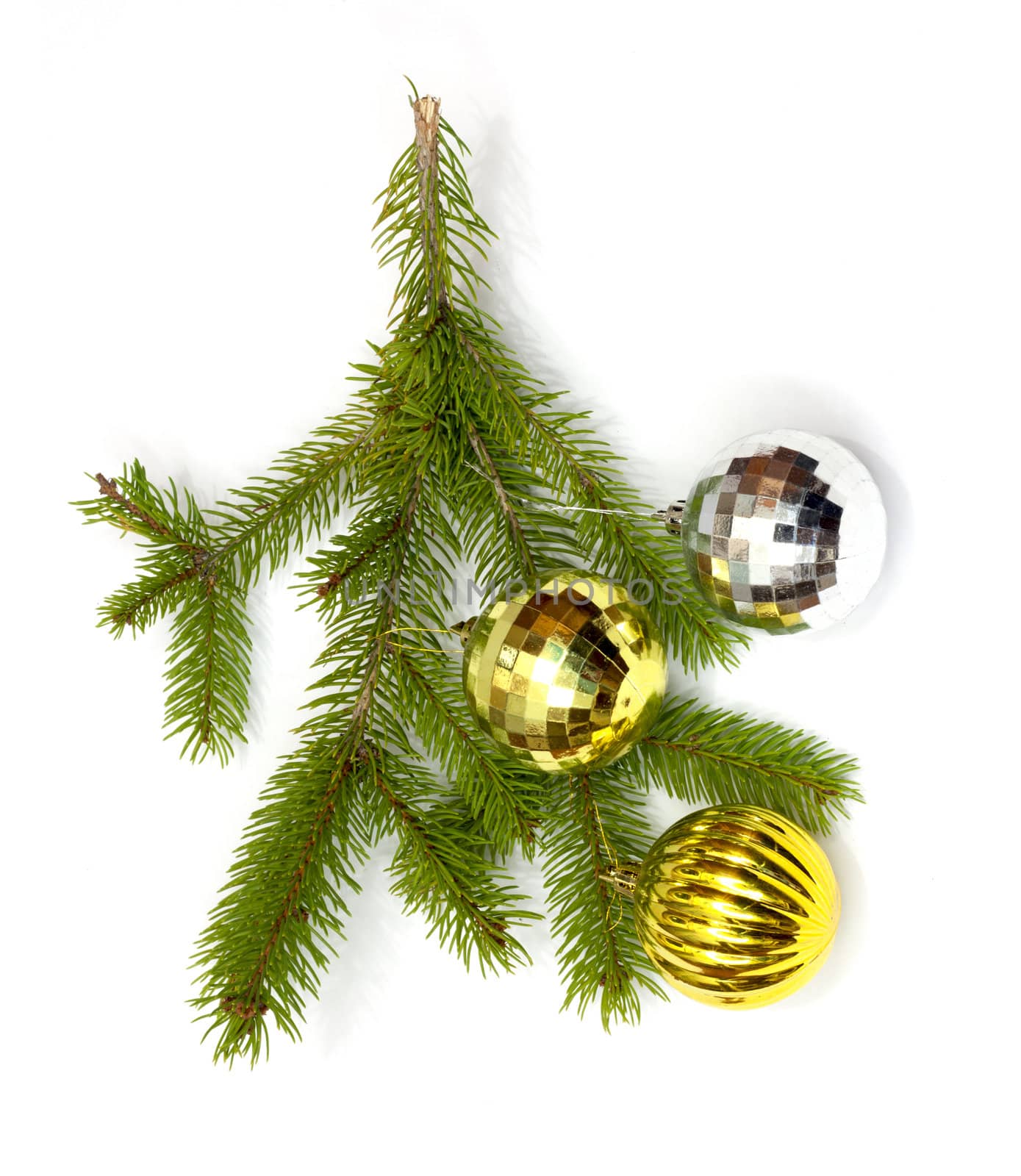 Firry twig and toys (color spheres). 