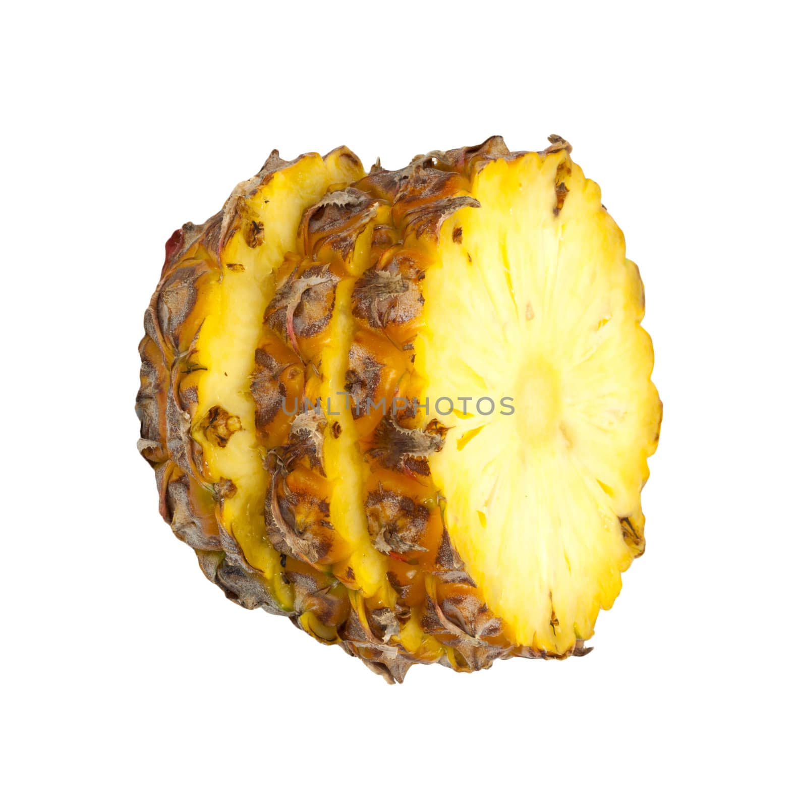 three ananas slices, isolated on white background, with light shadow 