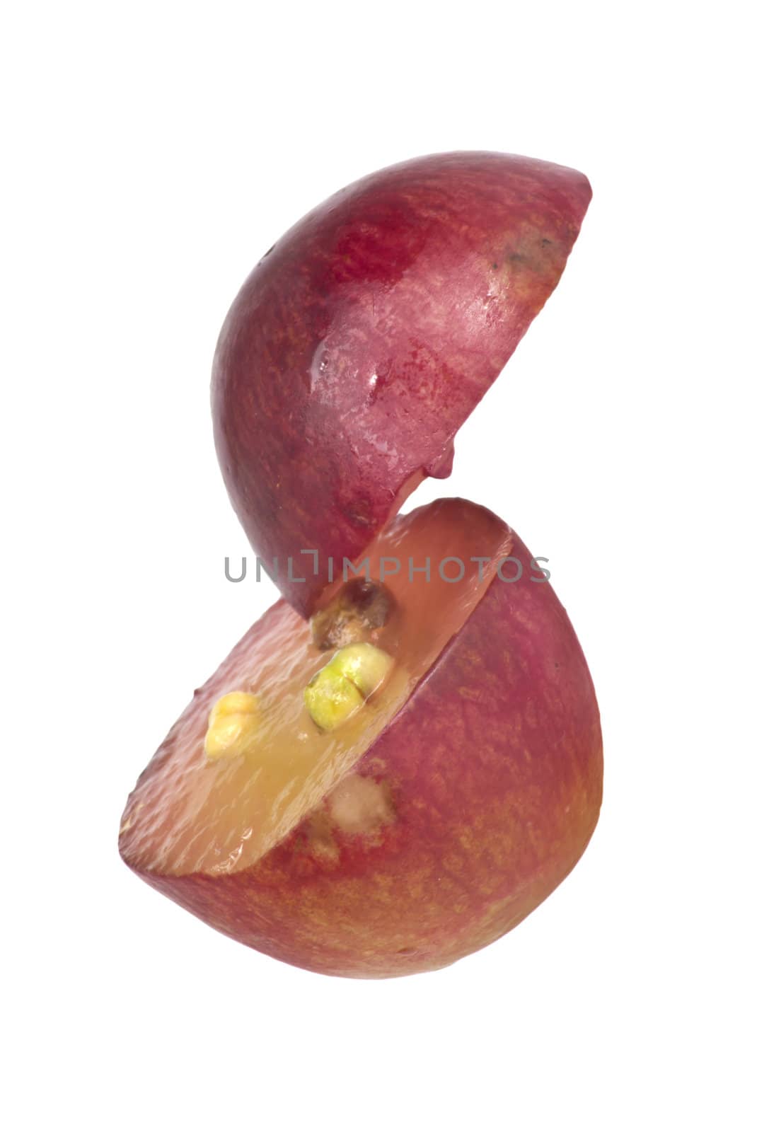 Translucent slice of red grape fruit, macro isolated on white 