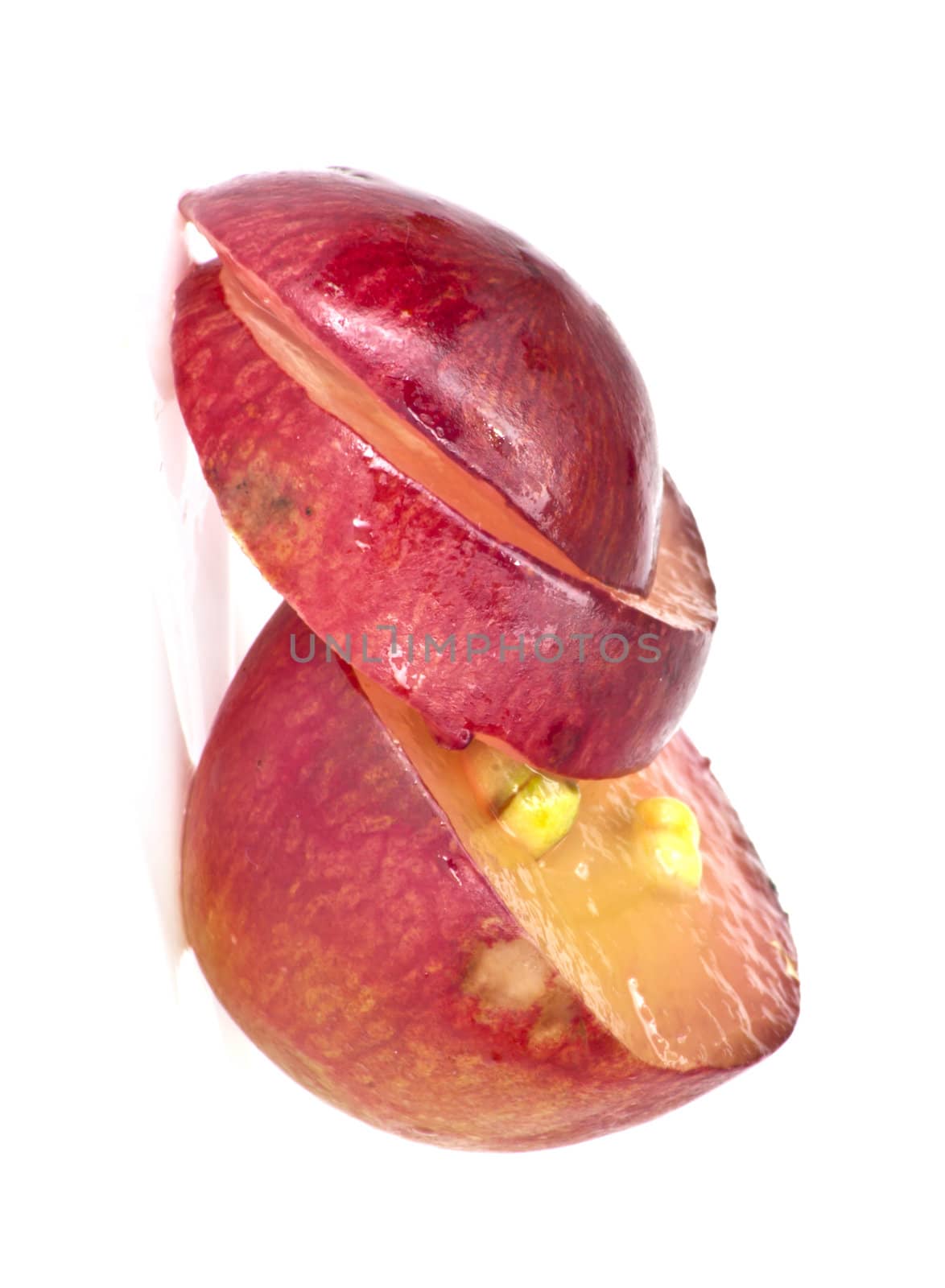 Translucent slice of red grape fruit, macro isolated on white 