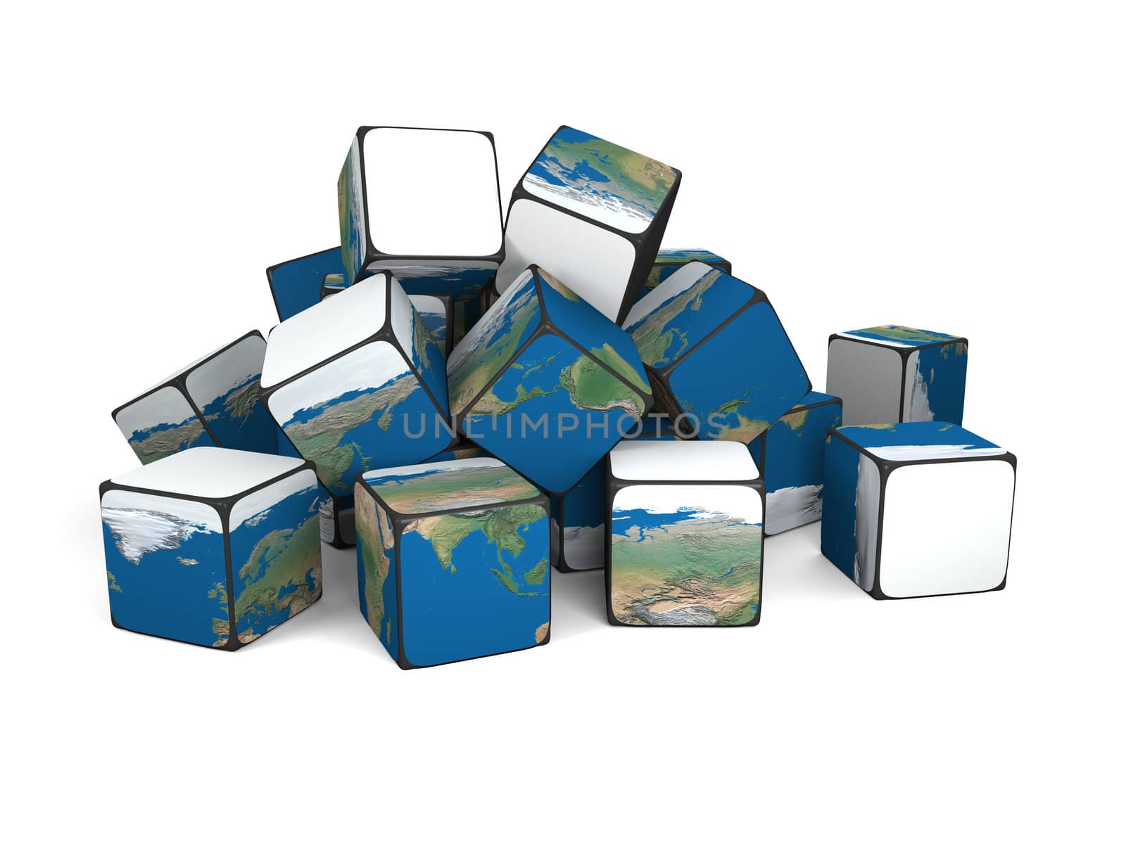 Pile of Earth building blocks isolated on white background. Elements of this image furnished by NASA.