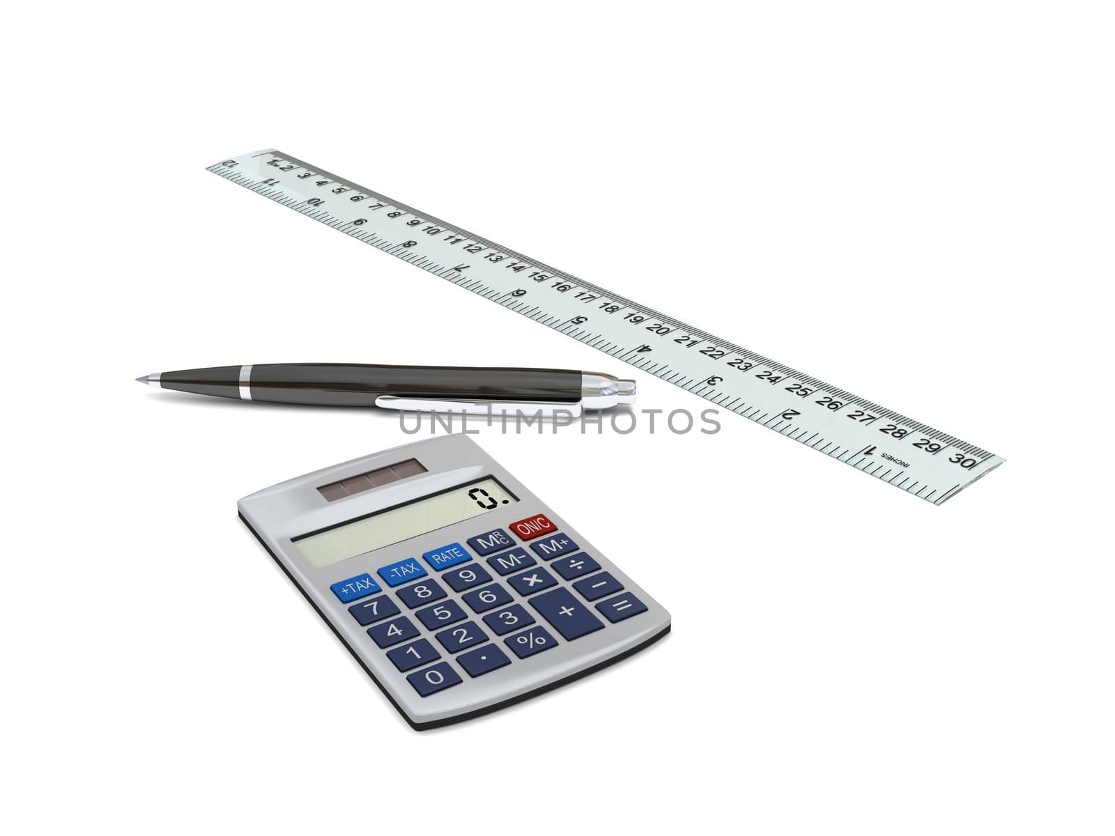 3D models of calculator, ruler and pen on white background