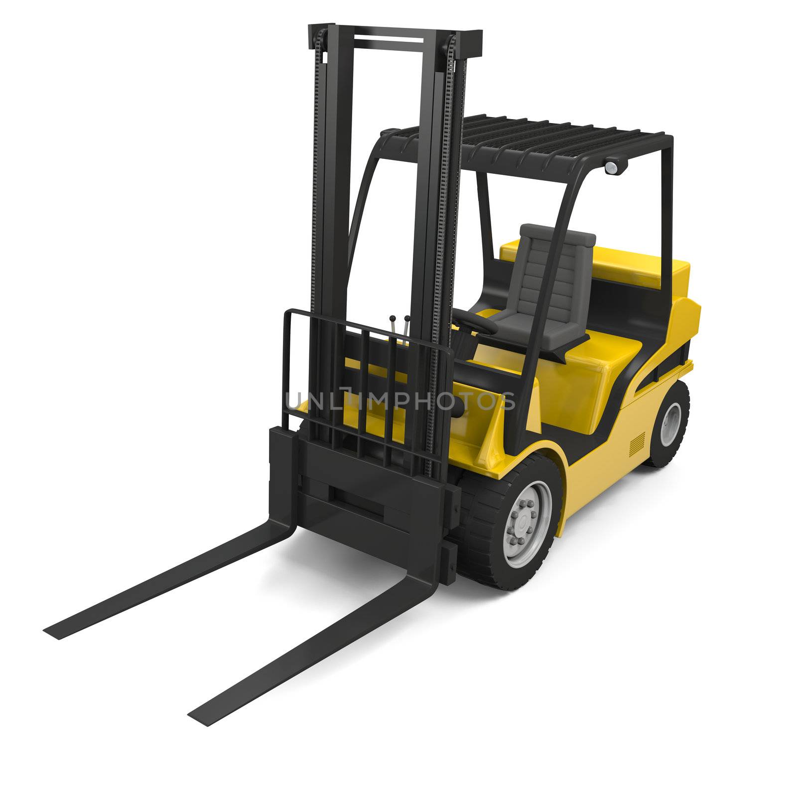 3D illustration of modern yellow forklift truck isolated on white background