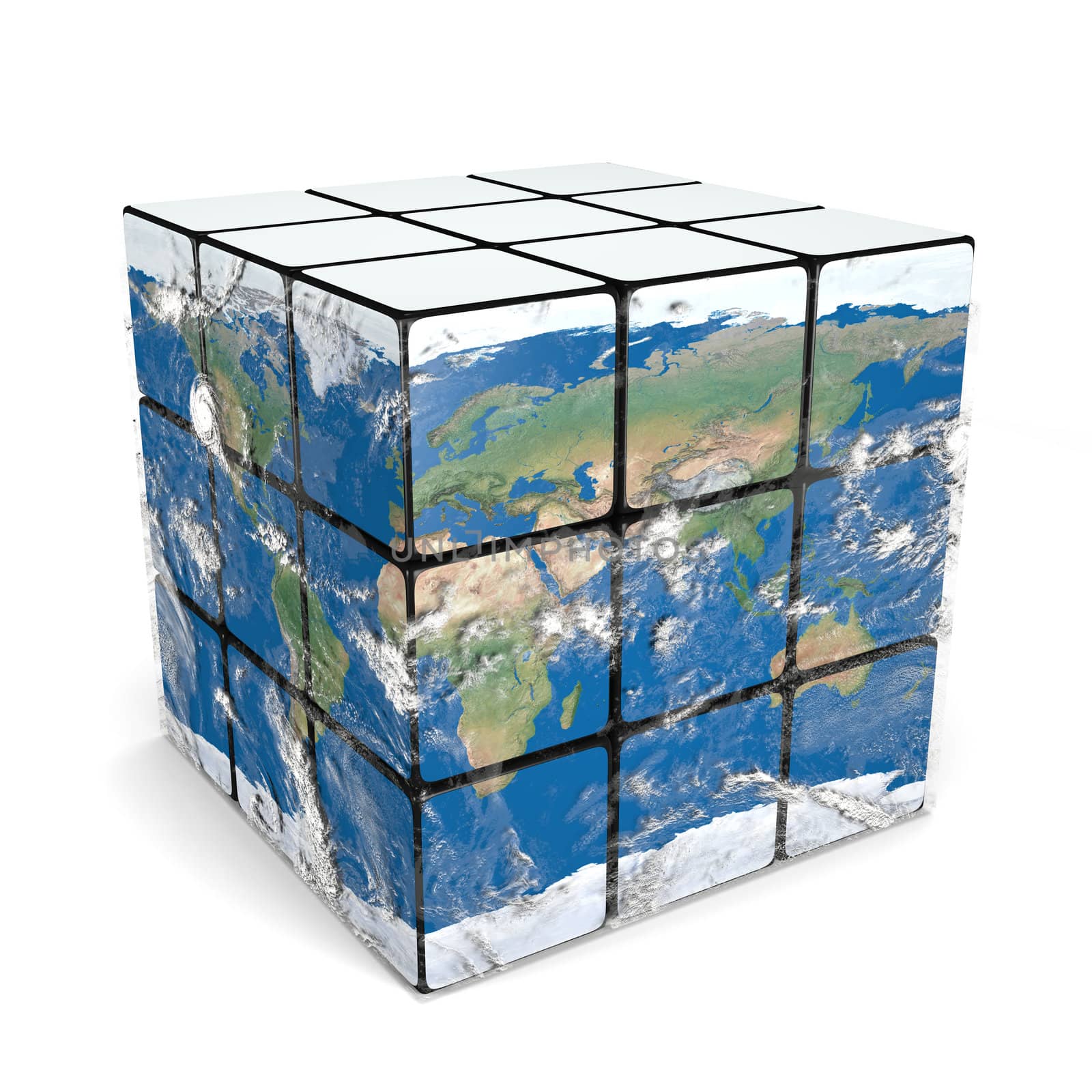 Cube representing planet Earth with atmosphere around it isolated on white background. Elements of this image furnished by NASA.