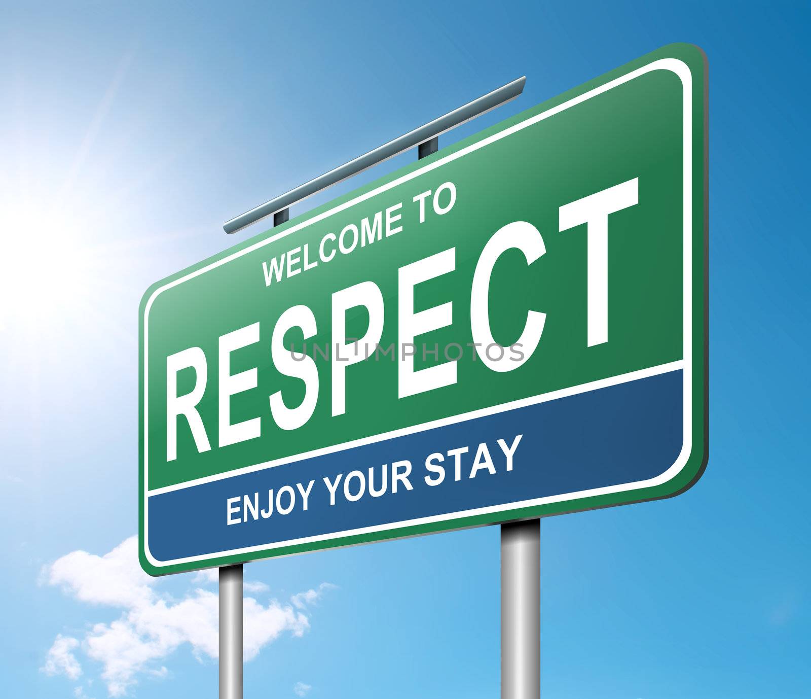 Illustration depicting a roadsign with a respect concept. Strong sunlight and blue sky background.