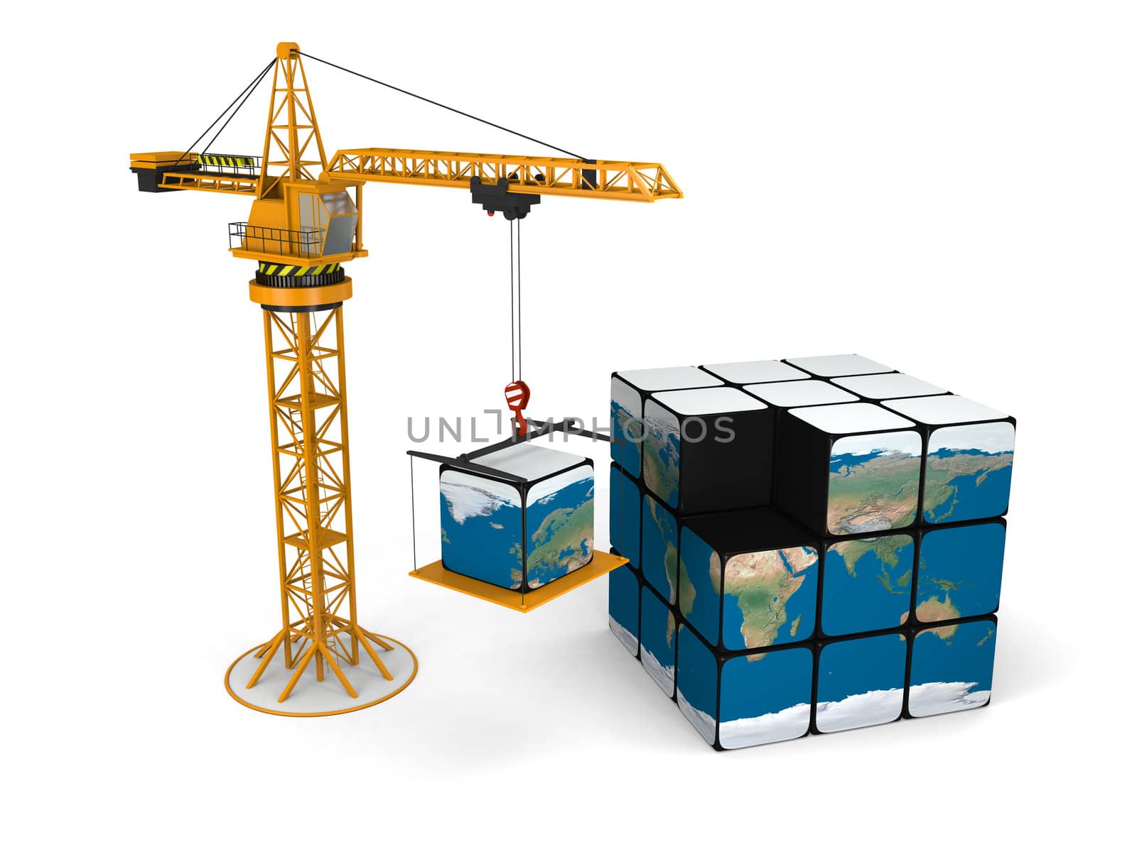 Concept of building world with crane lifting the last piece of cubic model of Earth, isolated on white background