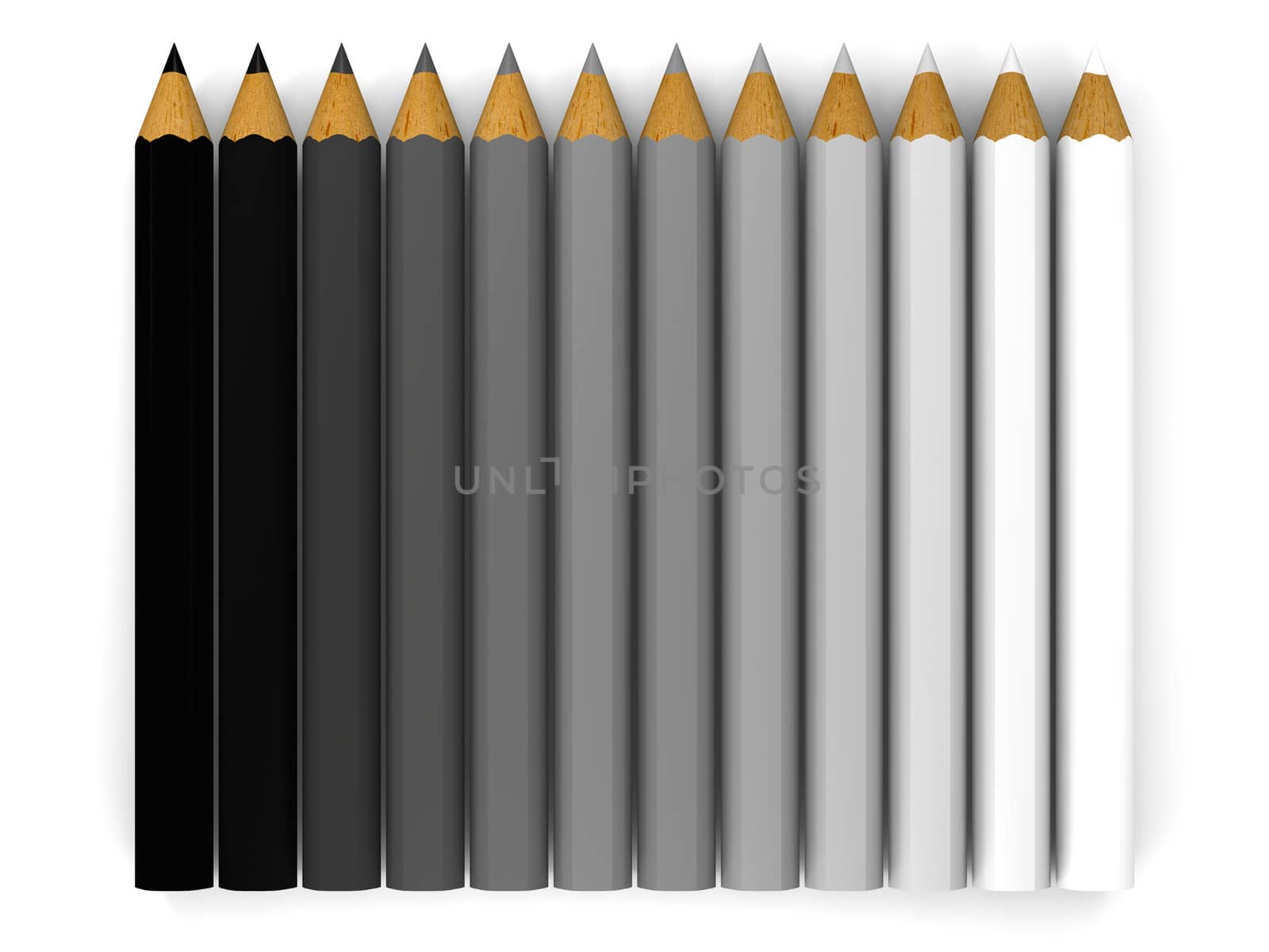 Row of pencils in various shades of grey from black to white