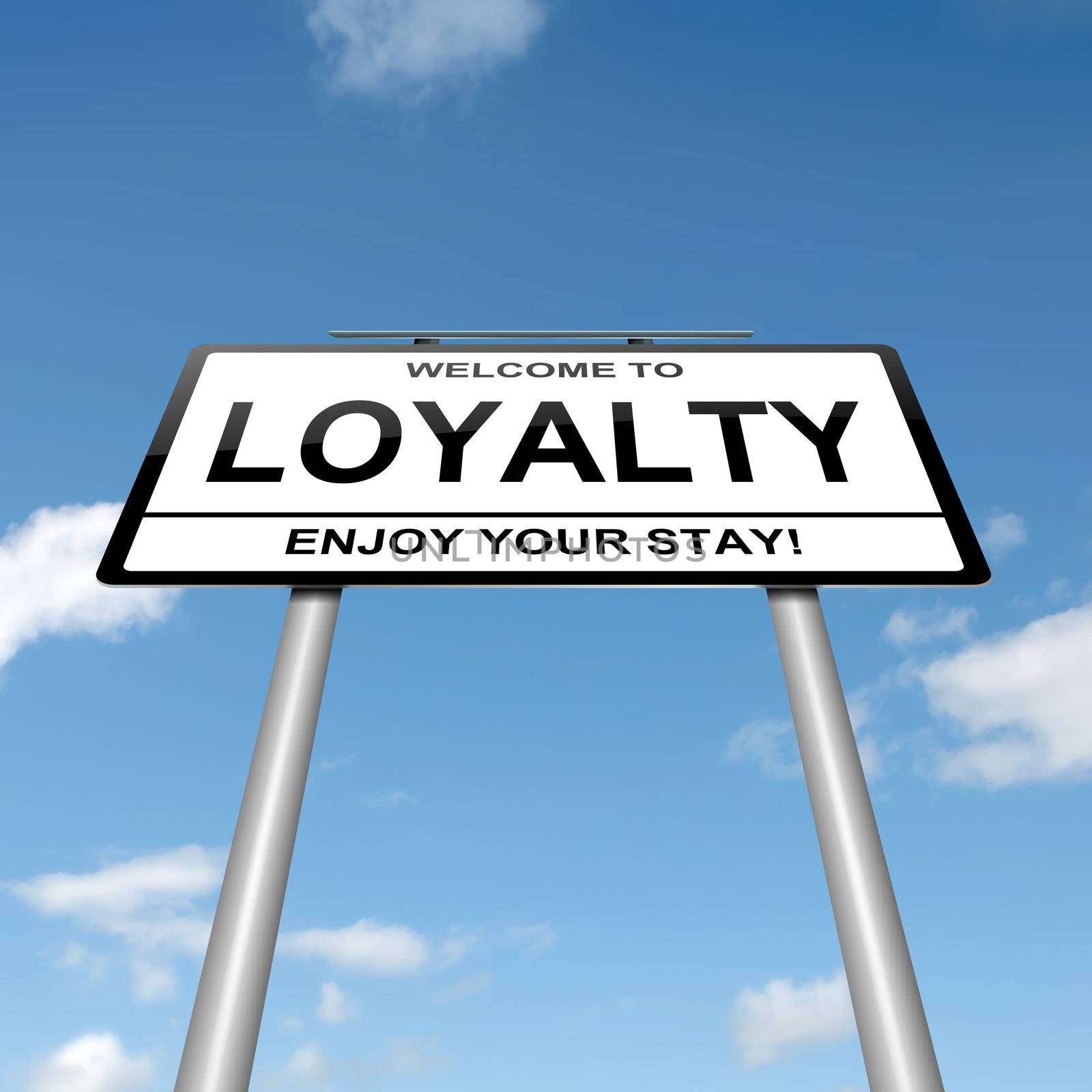 Illustration depicting a roadsign with a loyalty concept. Blue sky background.