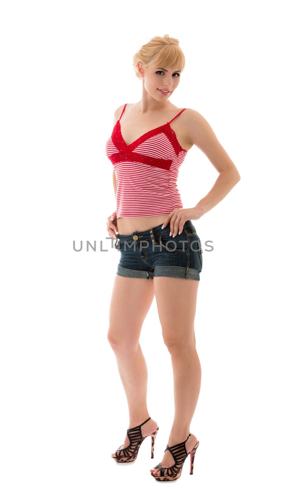 Sexual girl in jeans shorts and red top by iryna_rasko