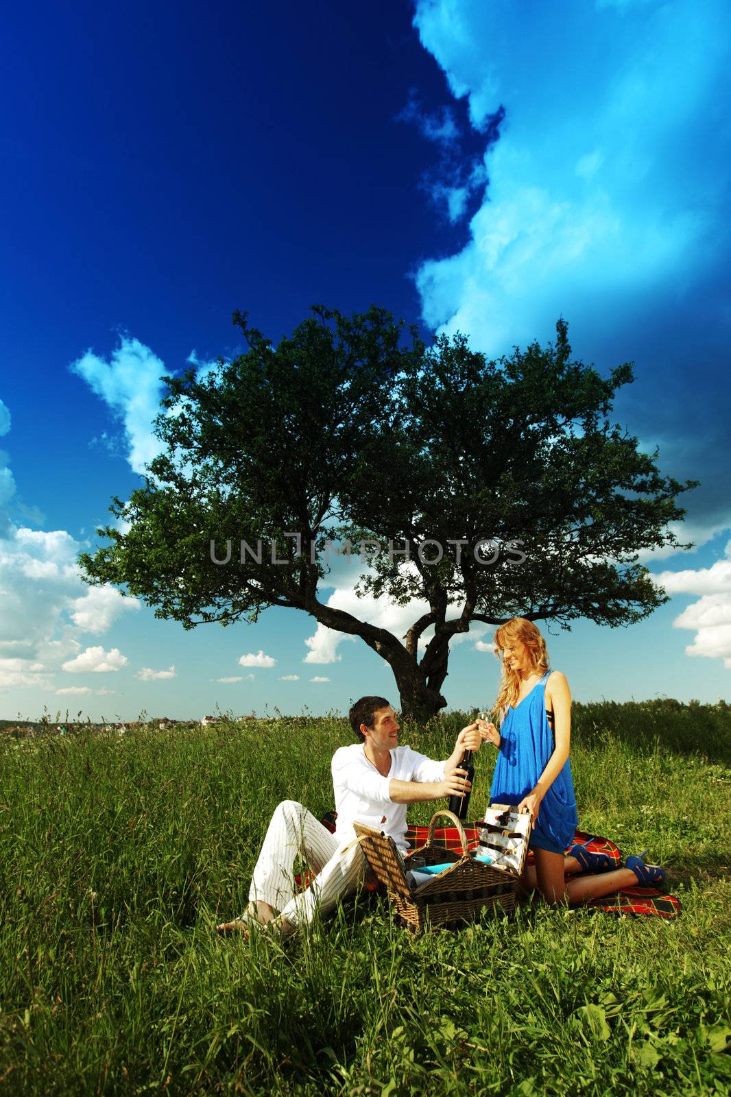 man and woman on picnic in green grass