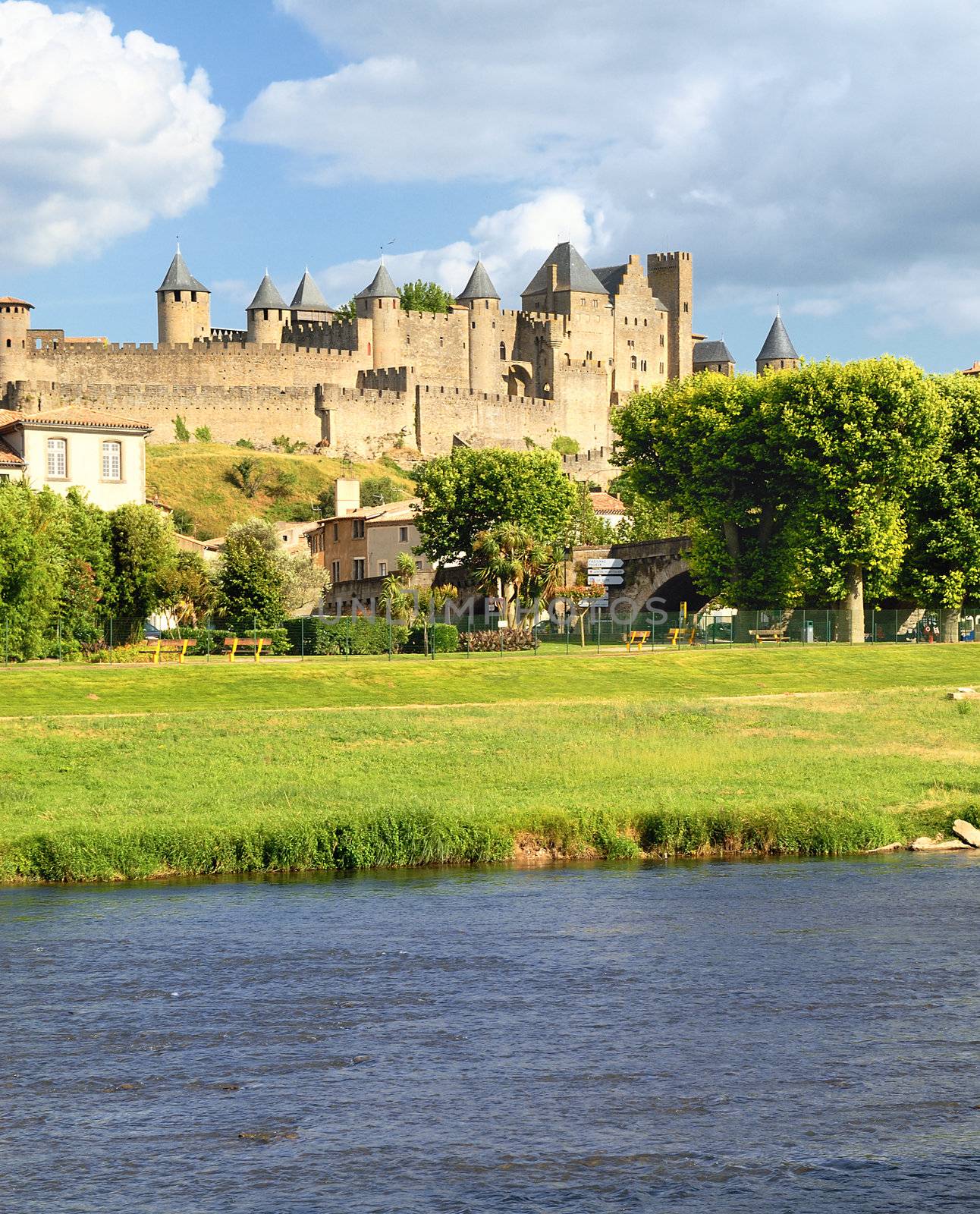 View of fortress Carcassonne (France, Languedoc), river Aude and Old bridge 