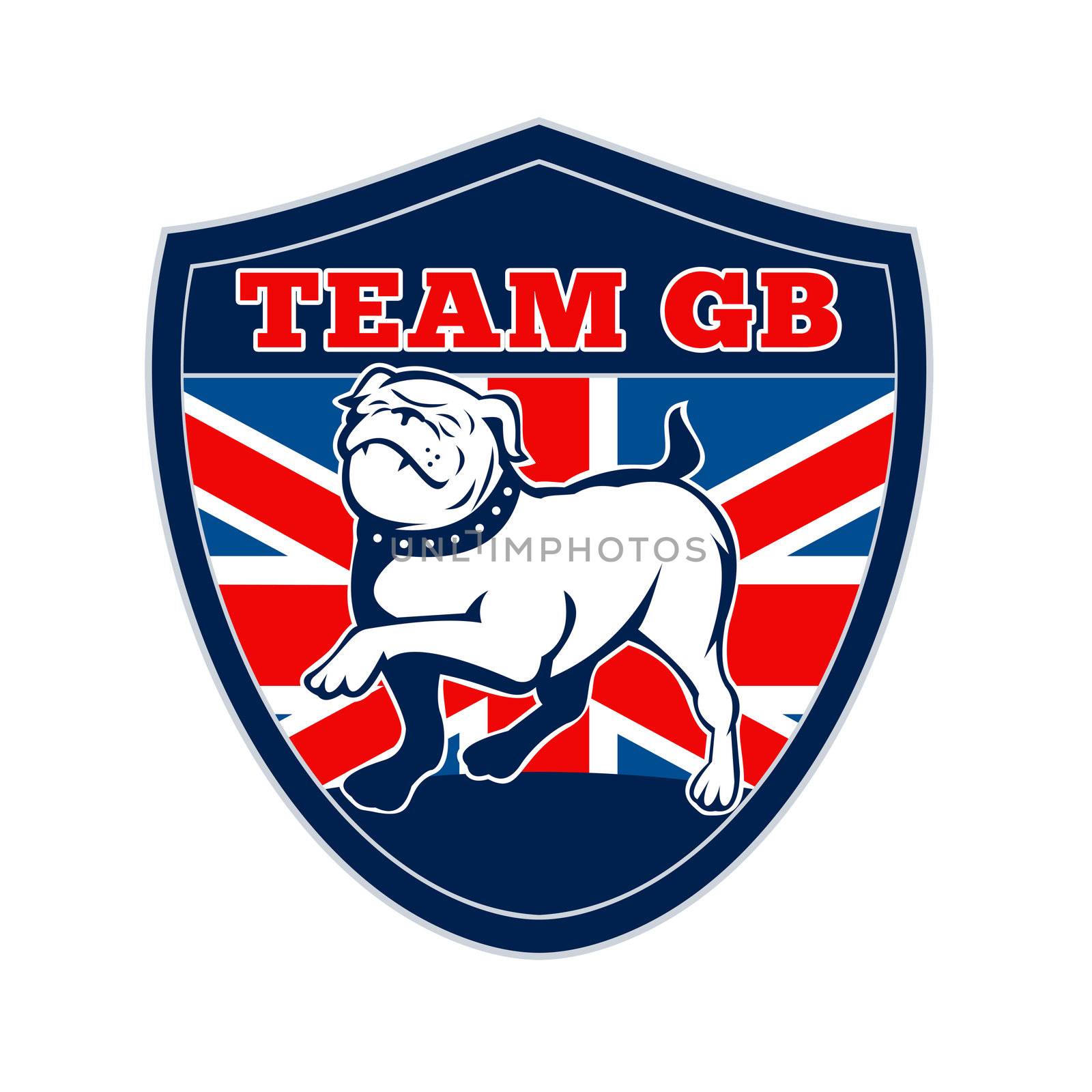 illustration of a Proud English bulldog marching with Great Britain or British flag in background set inside a shield with words "team gb" suitable for any sports team mascot