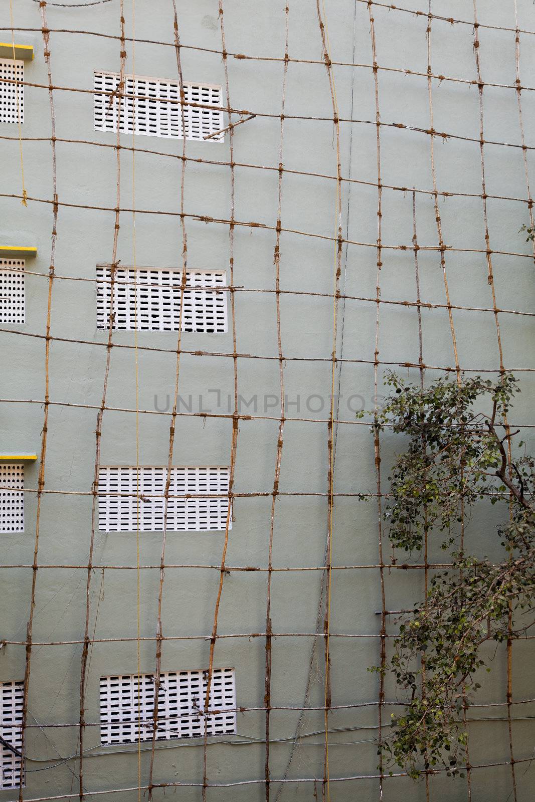 Generic to India, this image was shot in Bombay, bamboo wood scaffolding tied with coconut rope for outdoor painting contractors.