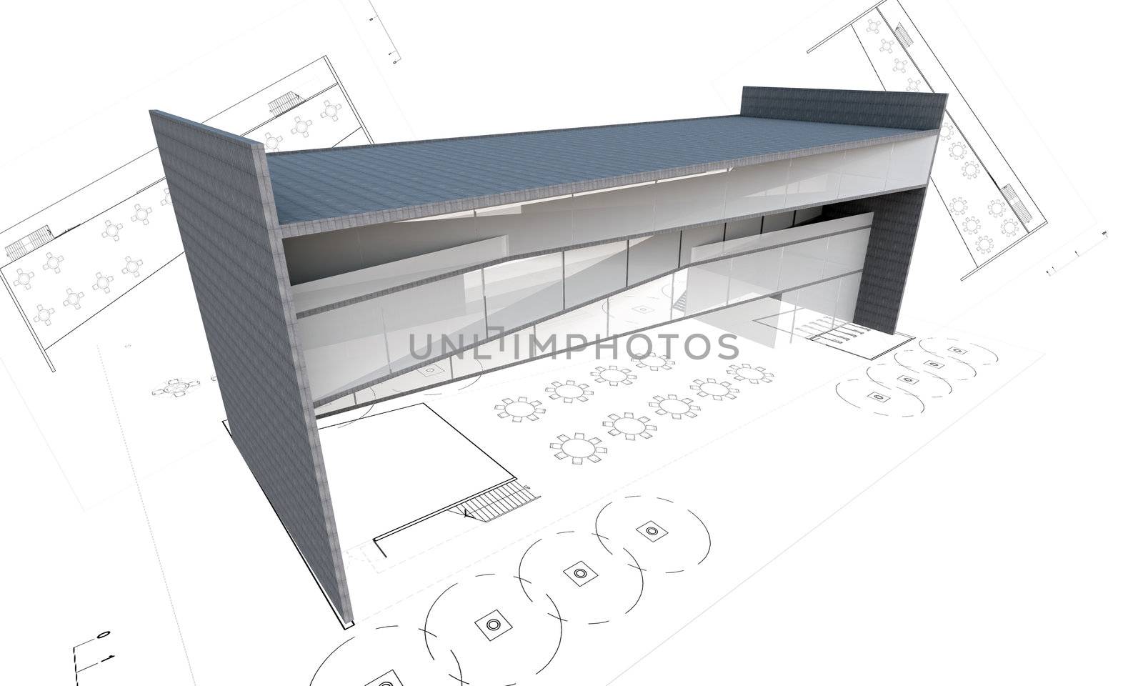 3d illustration of modern building construction concept with plan isolated on white.