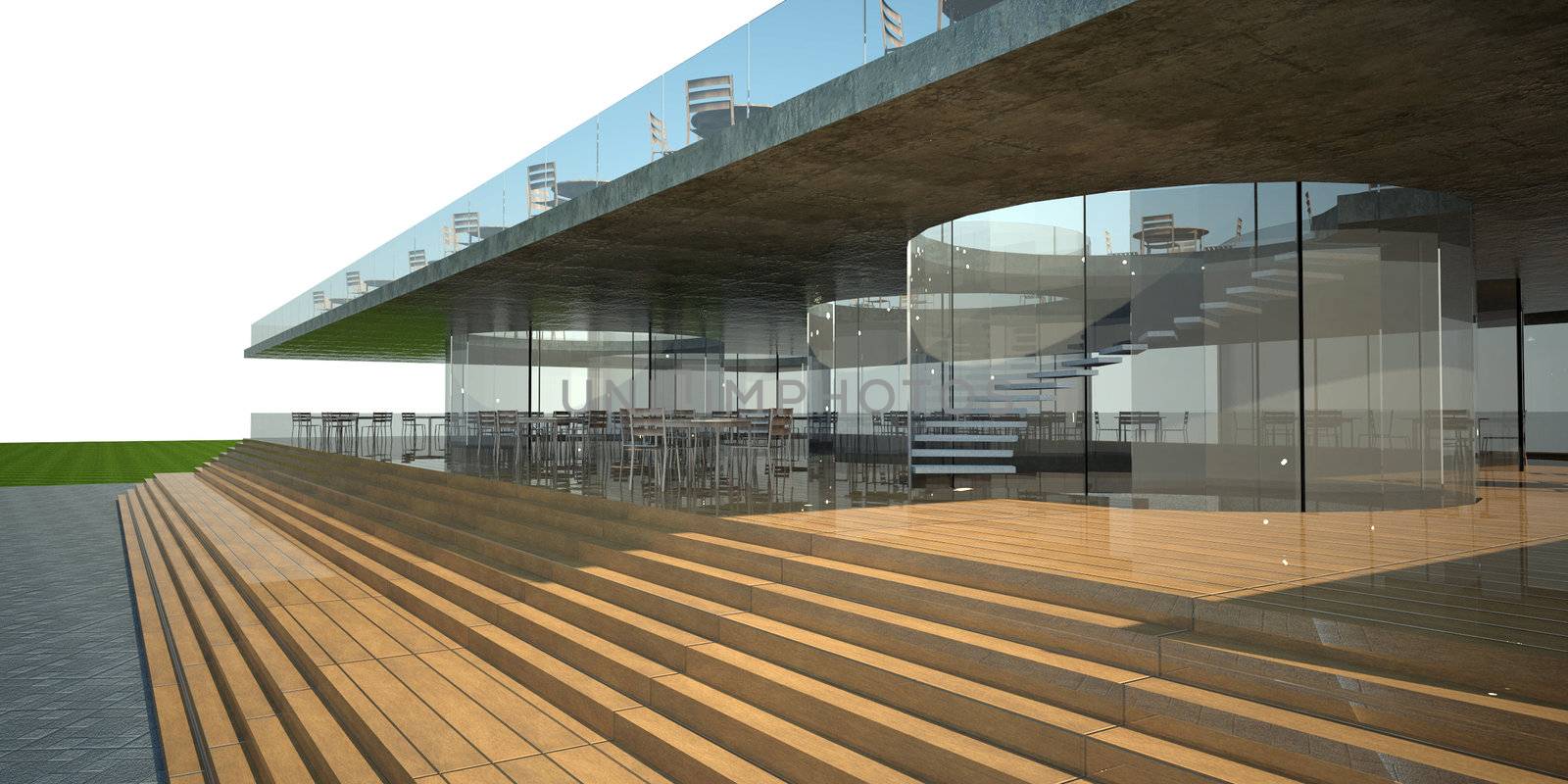 3D rendering of modern building, luxury restaurant exterior, white sky 