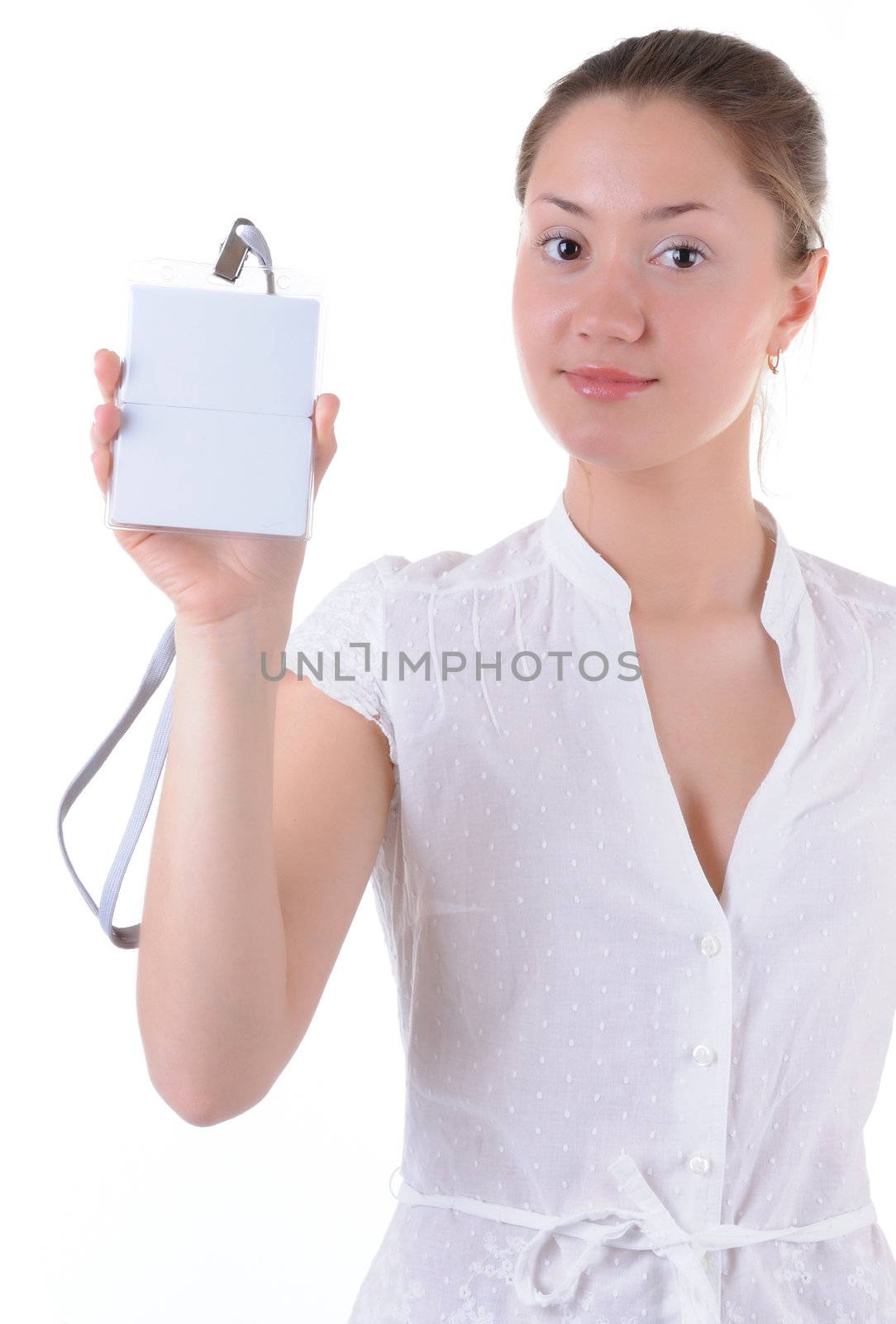 Young woman is presenting empty business card. Isolated on white background.