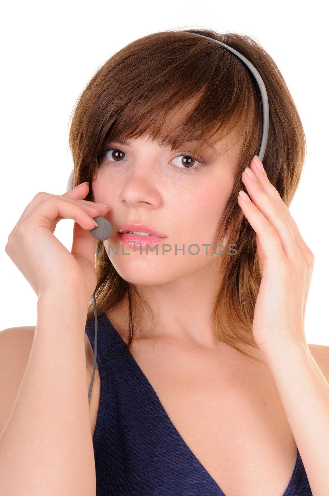 Young romantic woman with headphones isolated on white background