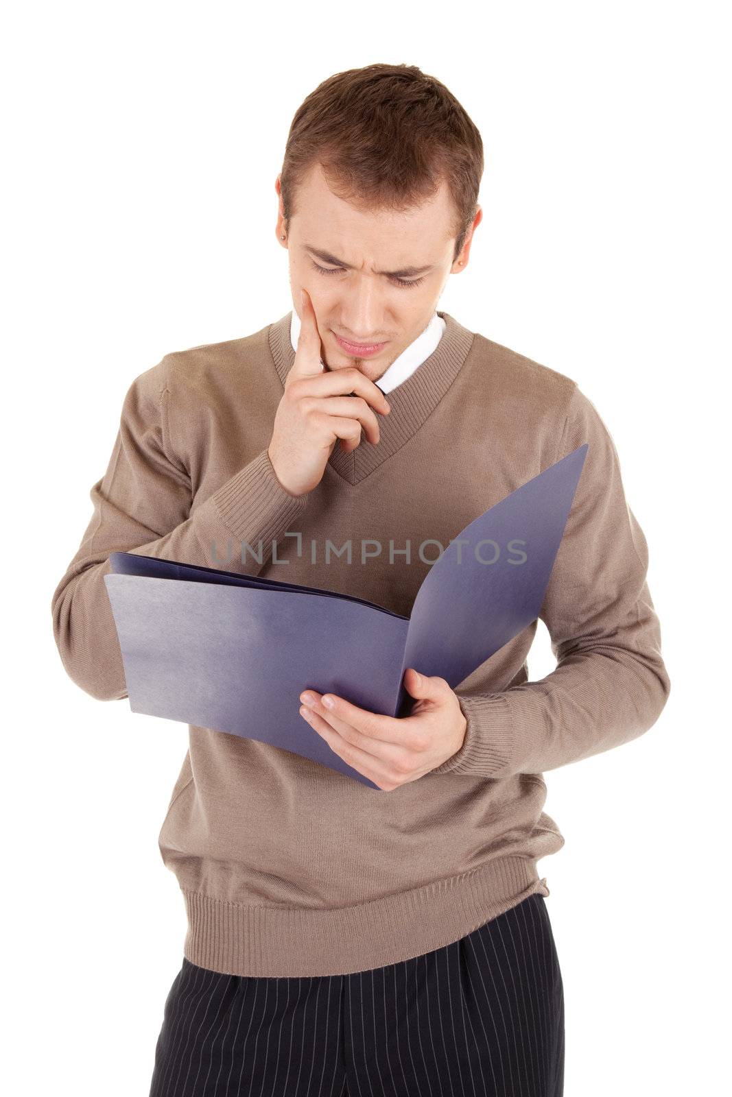 Troubled businessman is reading documents in his hands, on white background