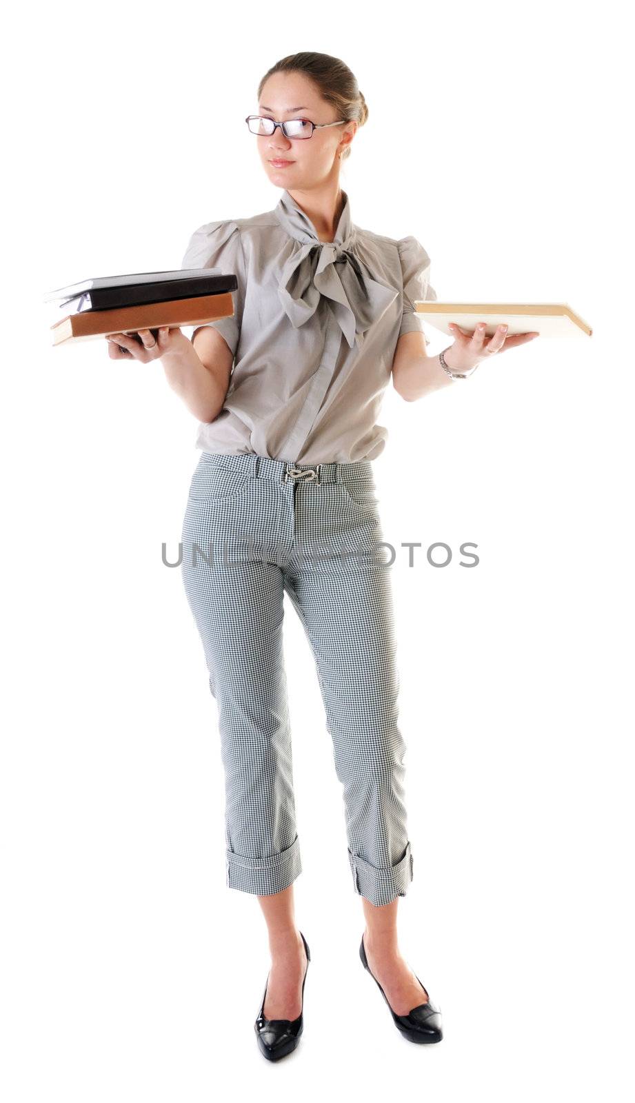 Beauty standing woman in glasses with books on both hands on white background