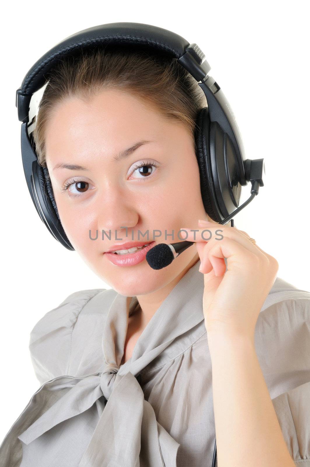 Call-center representative with headset on white background