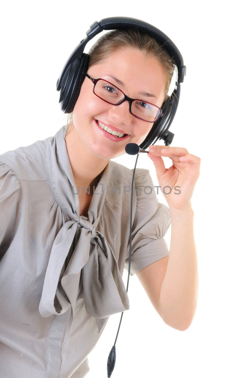 Smiling call-center representative with headset on white background