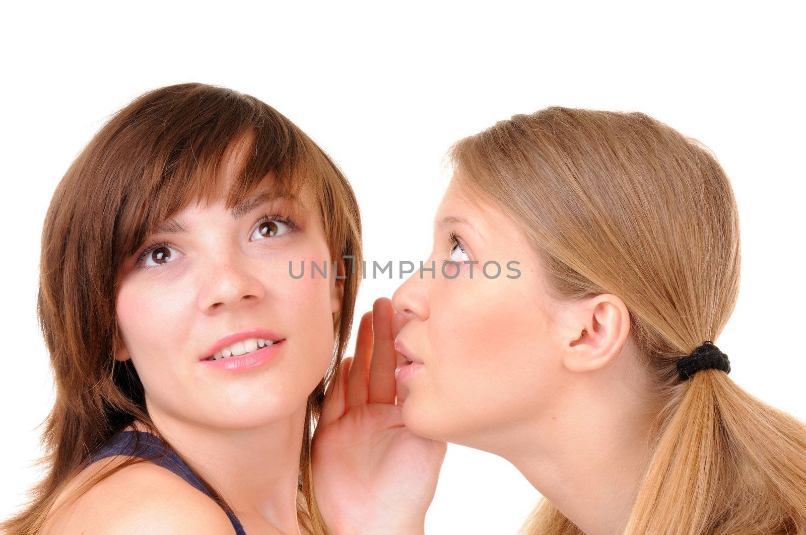 One young woman tell romantic story to another girl on white background