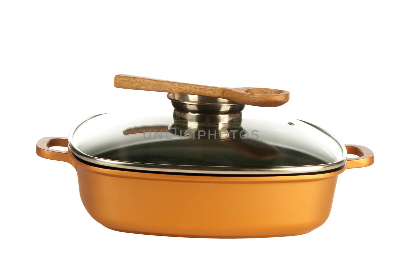 cookware, cast iron cooking pot, nonstick pan and glass lid  isolated on white