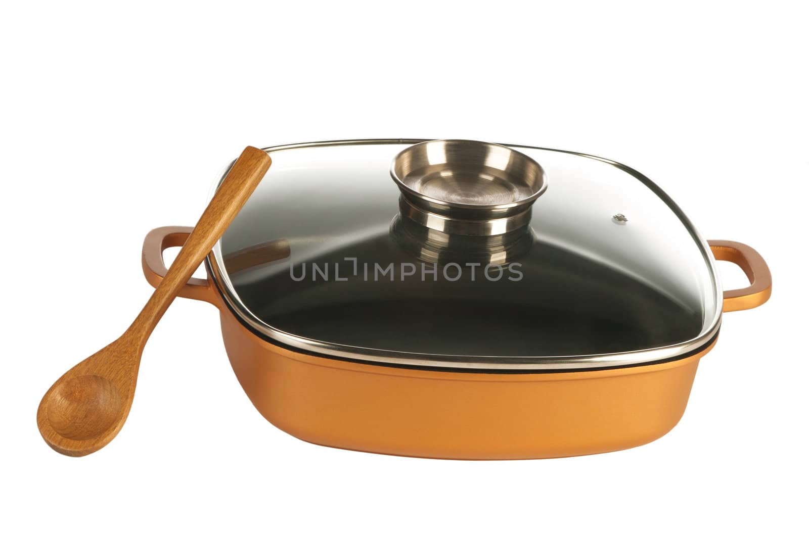 cookware, cast iron cooking pot, nonstick pan and glass lid  isolated on white