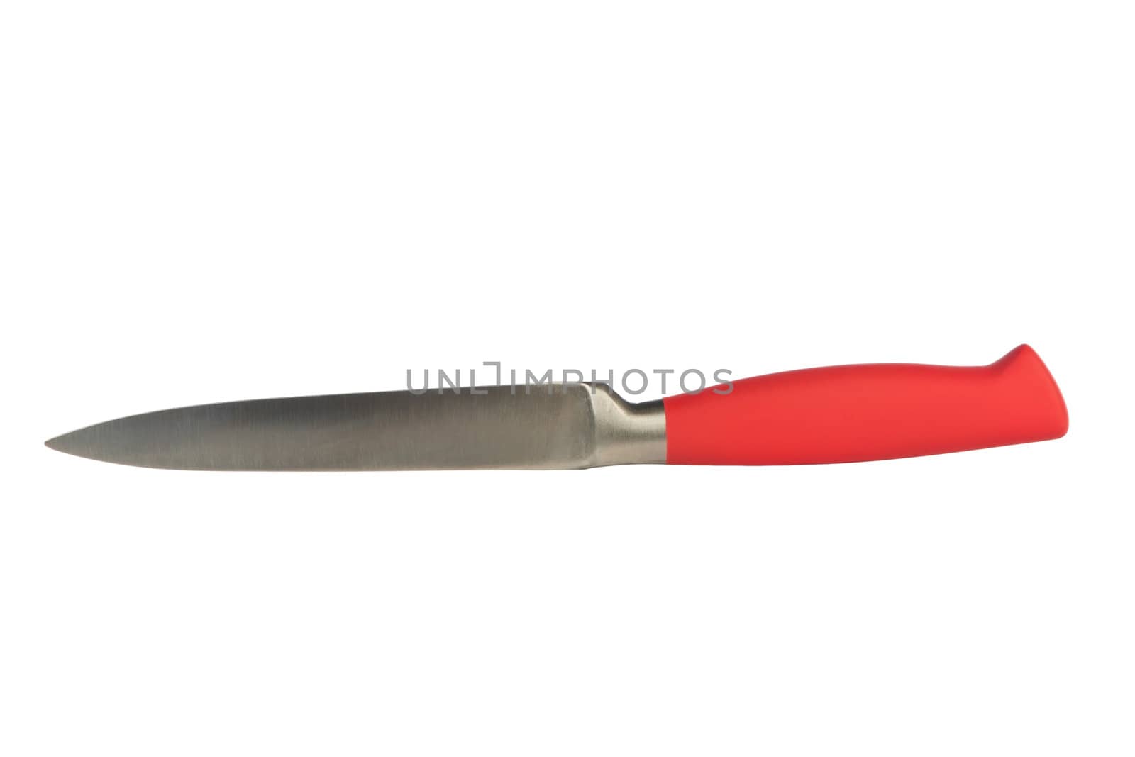 A sharp steak knife isolated on white background with red handle. 