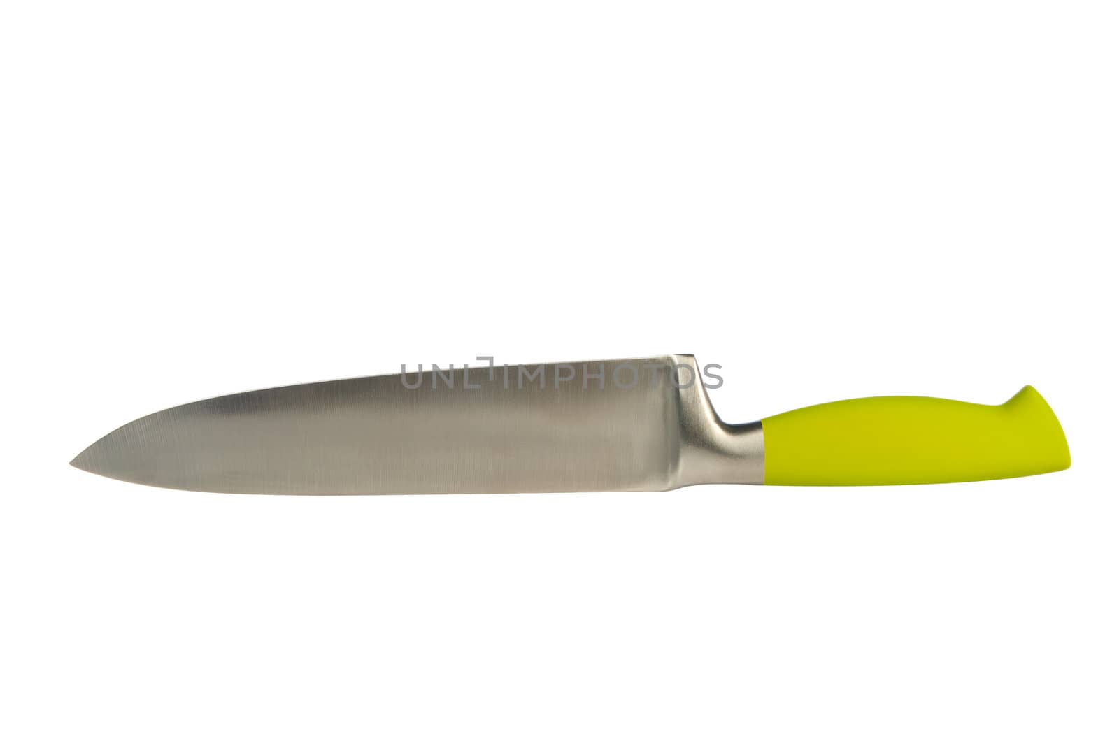 A sharp steak knife isolated on white background with green handle. 