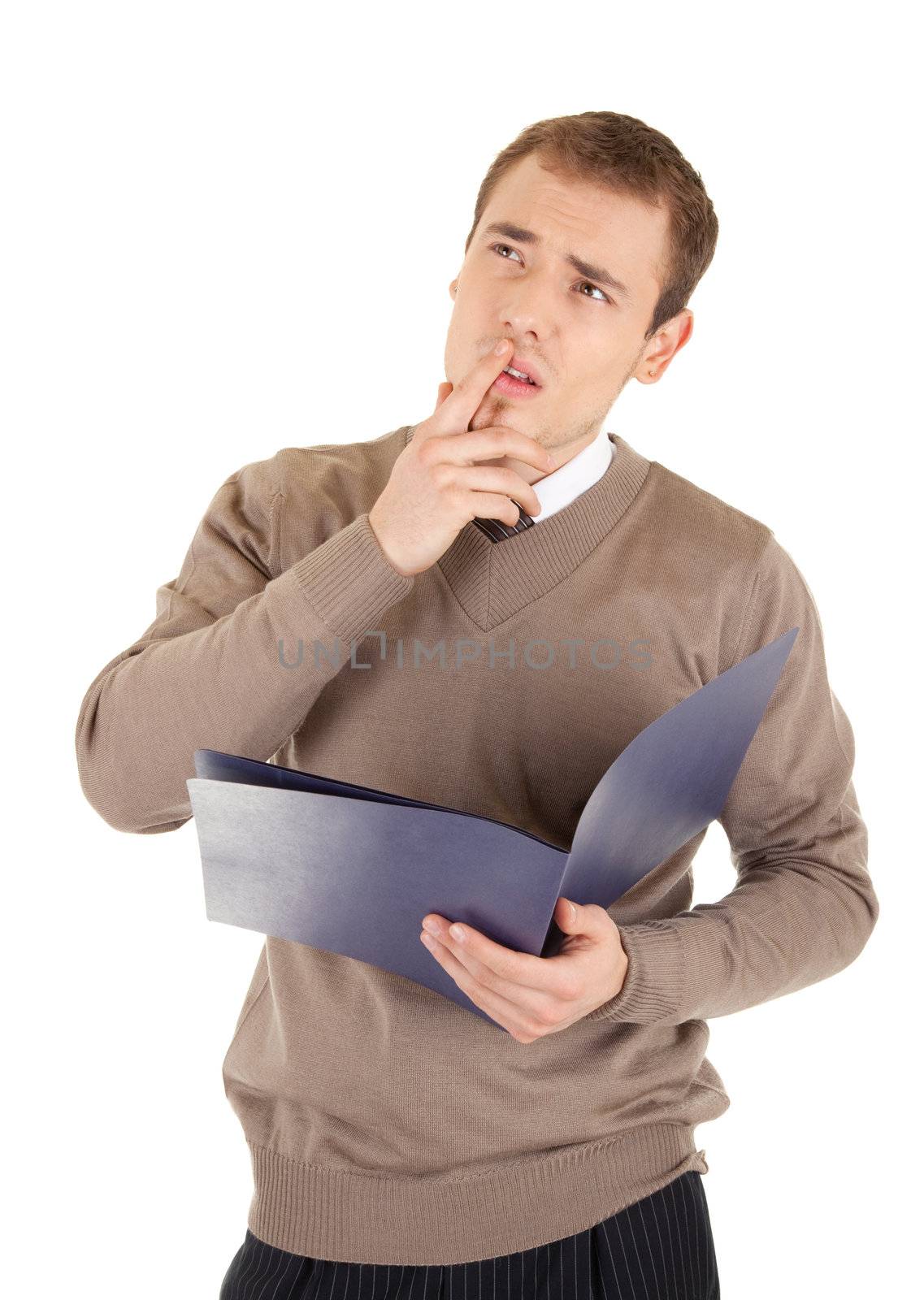 Troubled businessman is thinking with documents in his hands, on white background