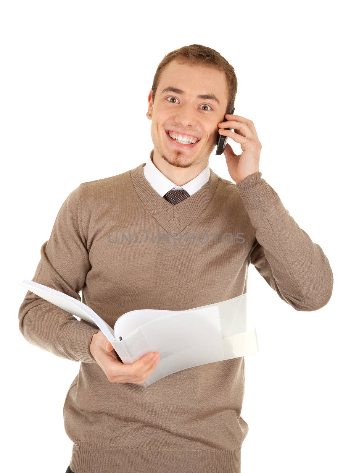 Man with paperwork in hands is completely happy with news by phone. Isolated on white background.