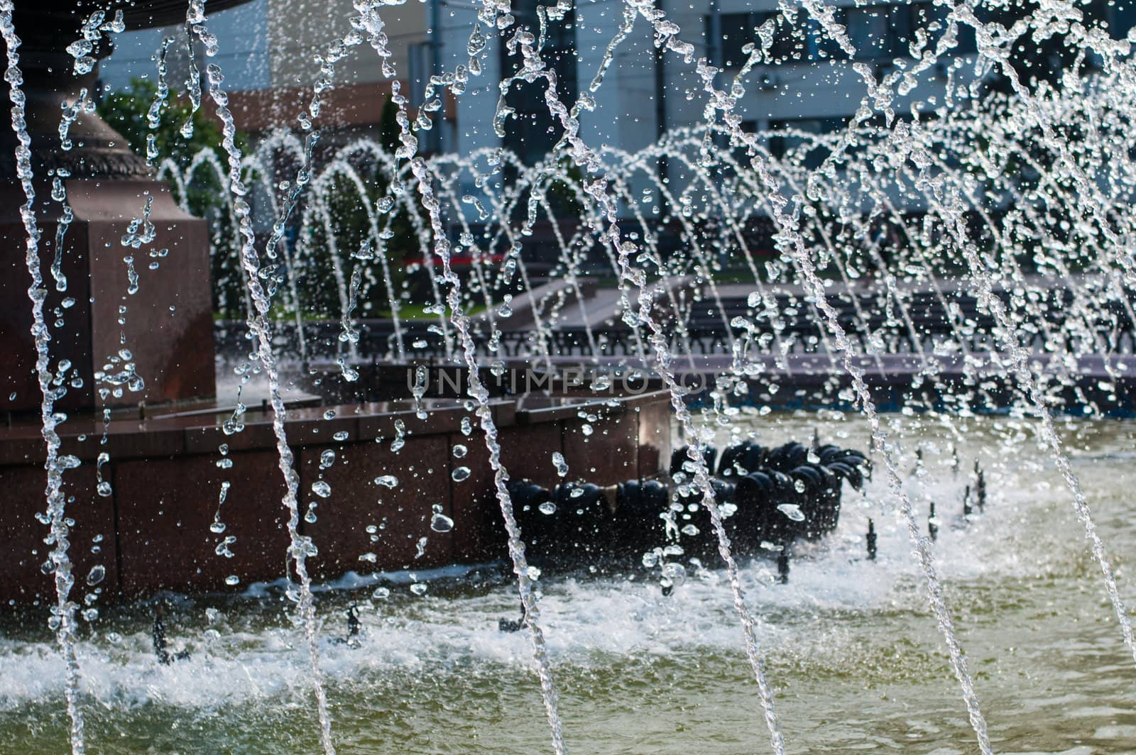 Water jets in a fountain close up