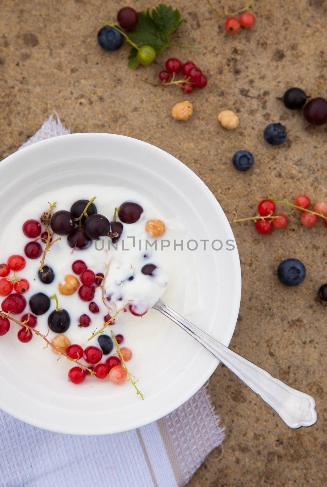 Yogurt breakfast with berries, currants and nuts