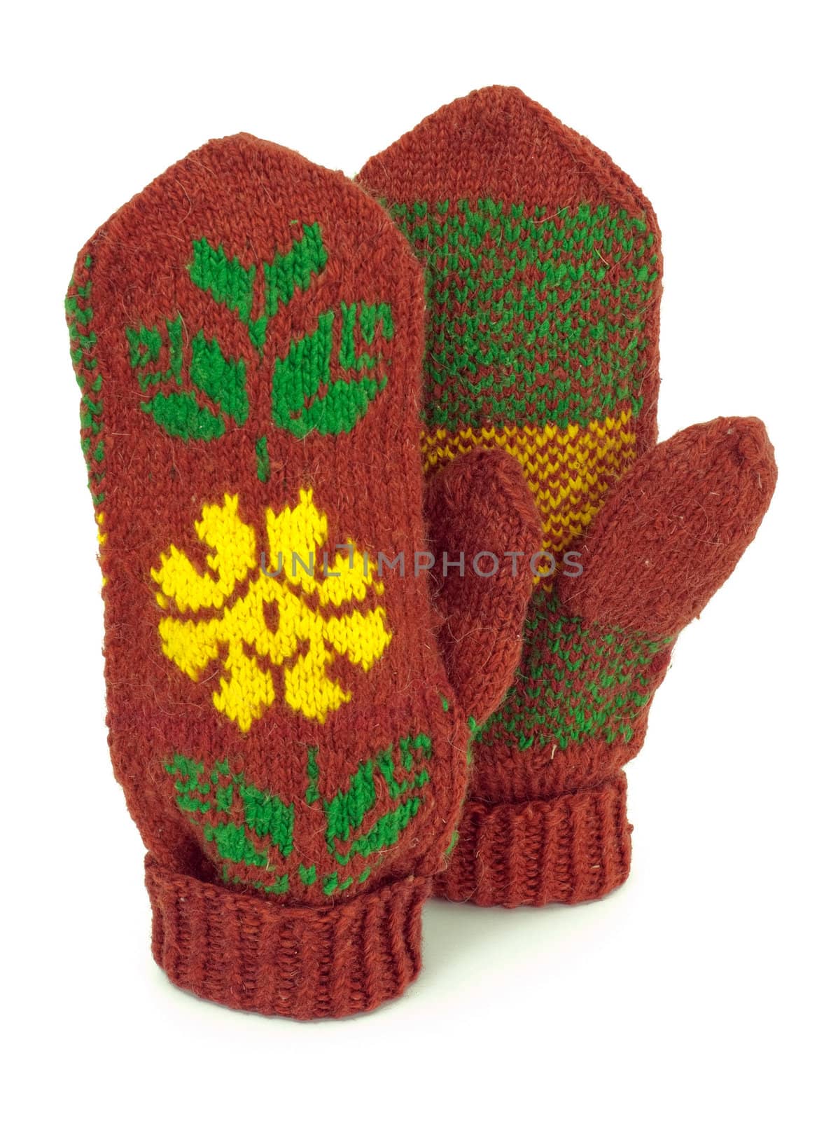 Two crocheted mittens on a white background