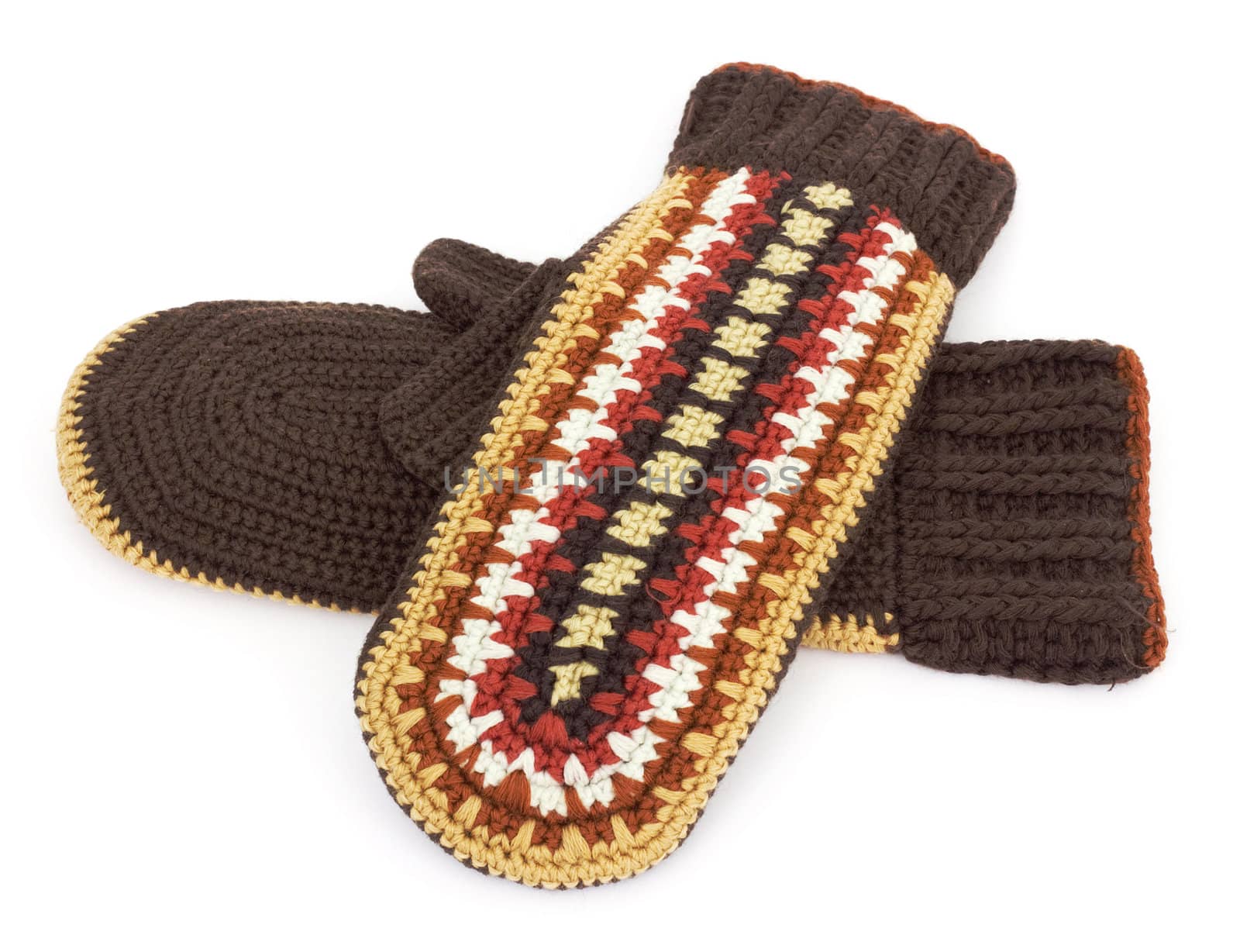 Two crocheted color mittens on a white background