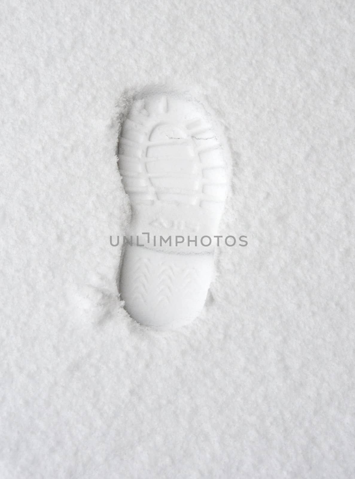 footprint in the white snow in winter