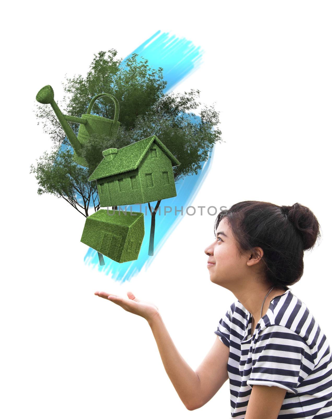 woman holding eco things, sustainable concept isolated on white