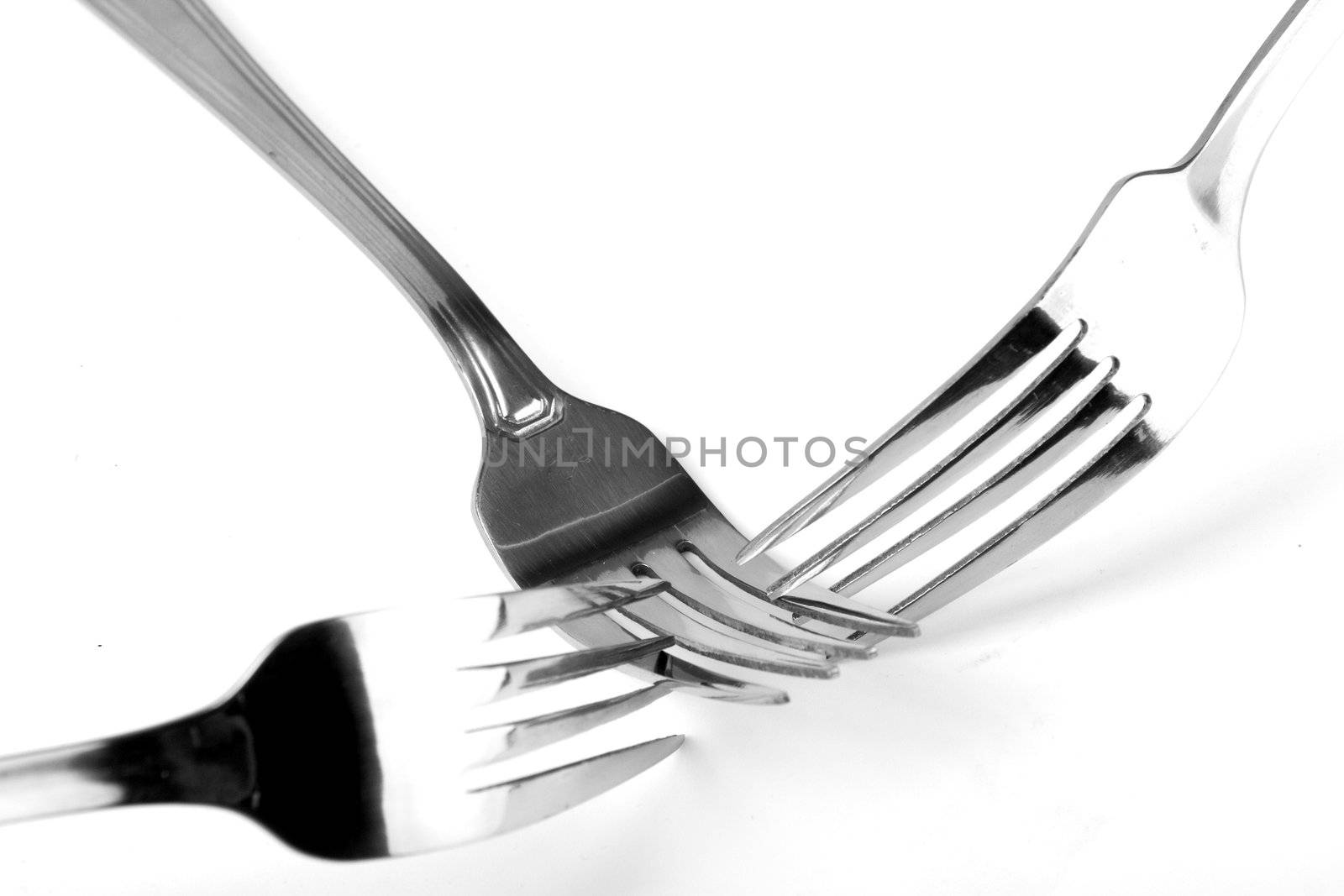 Shiny stainless steel forks on a white background