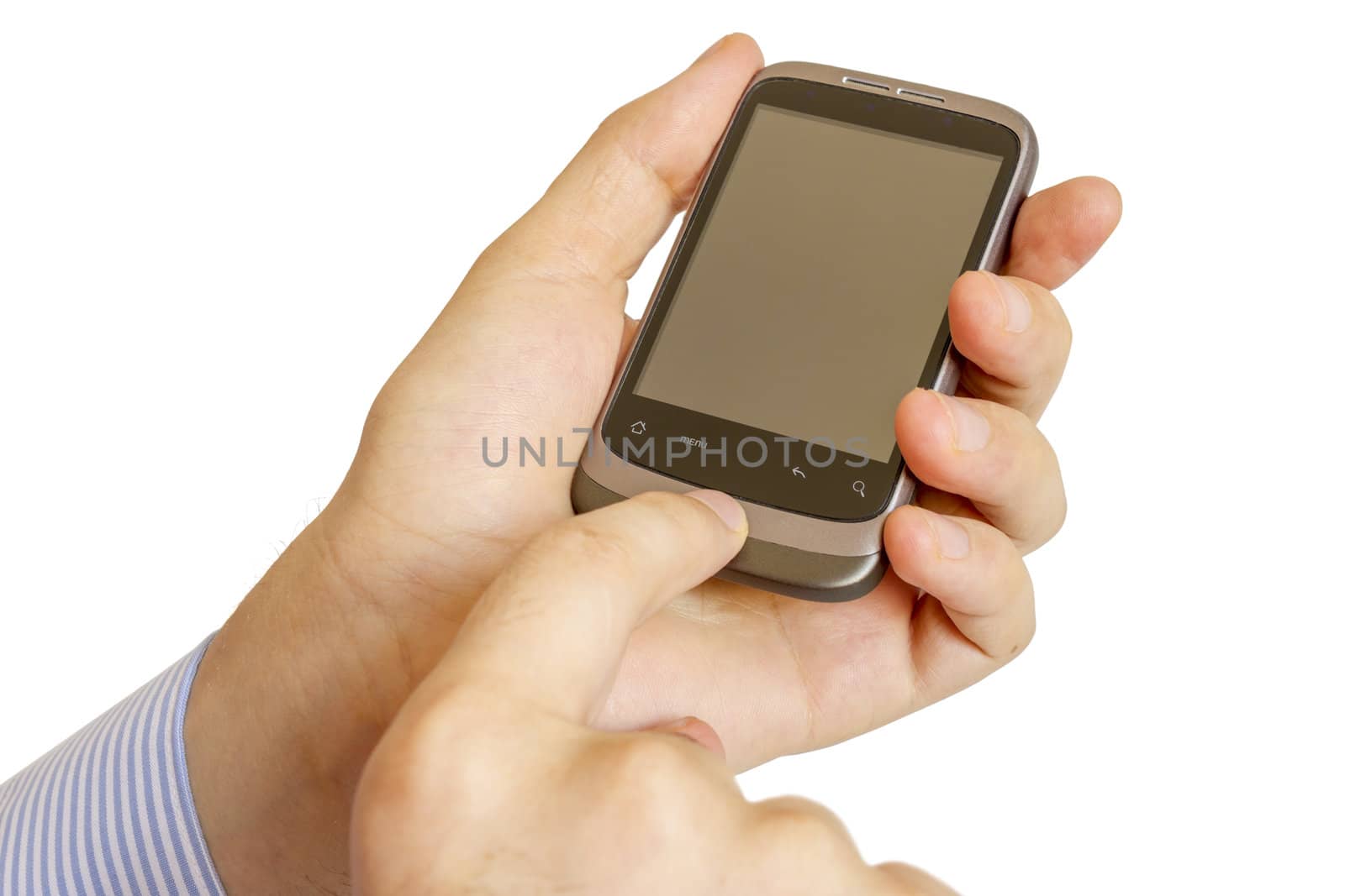 Hand holding mobile smart phone with blank screen Isolated on white