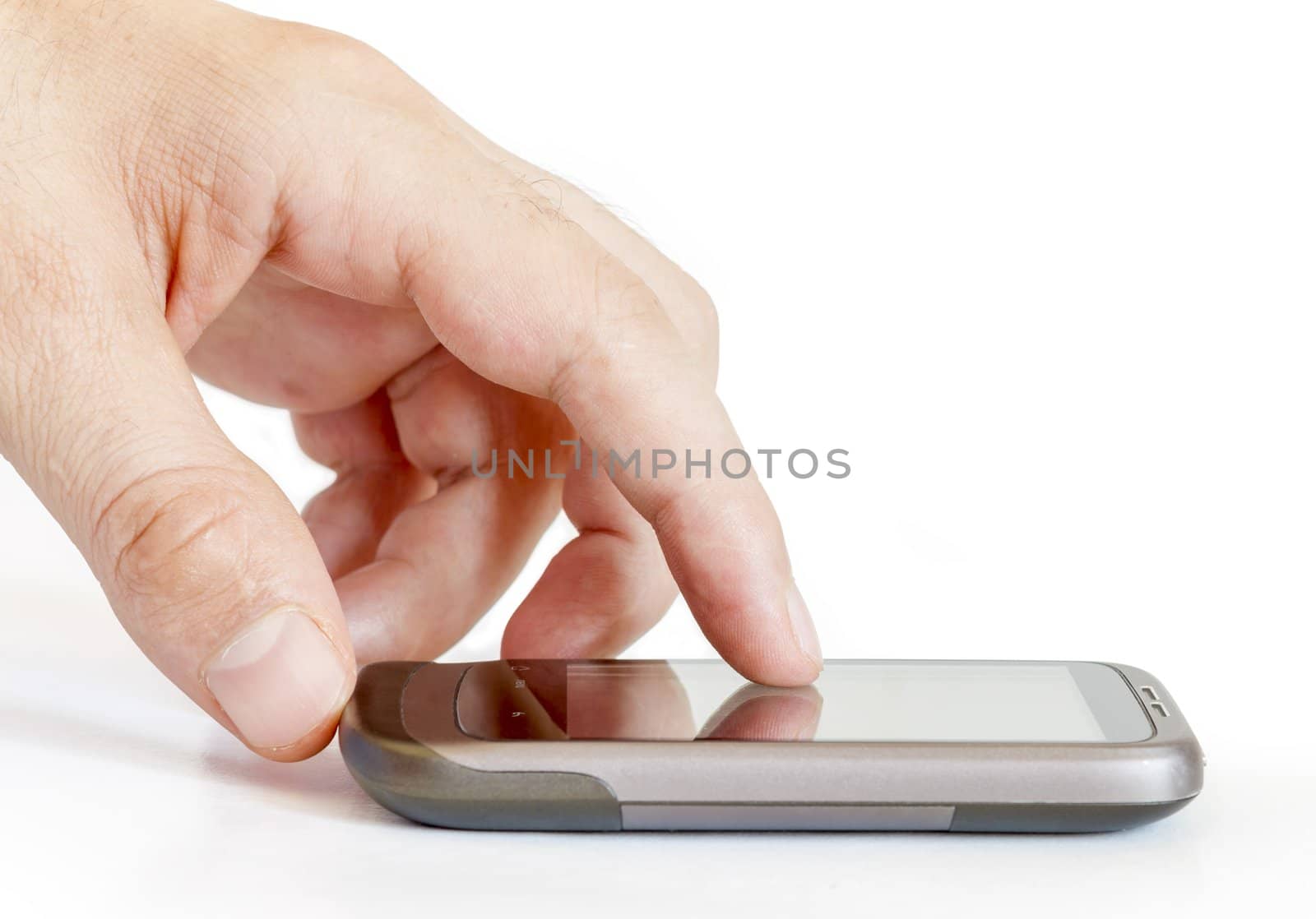 Man hands are pointing on touch screen device