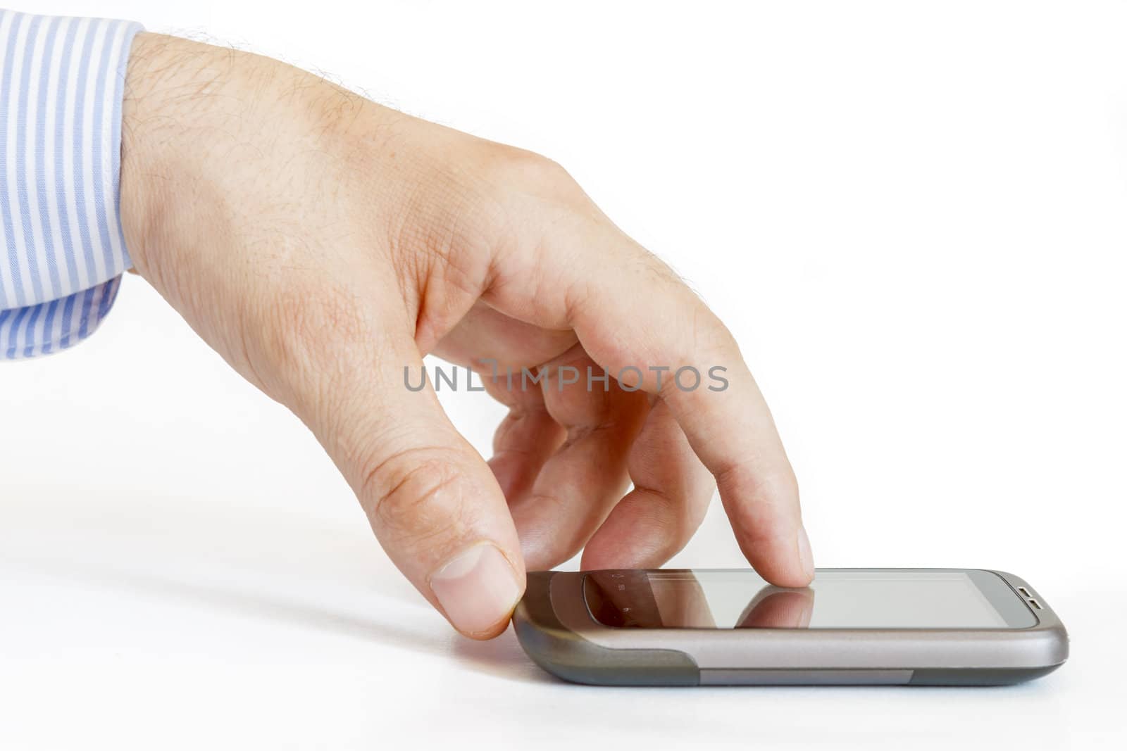 Man hands are pointing on touch screen device
