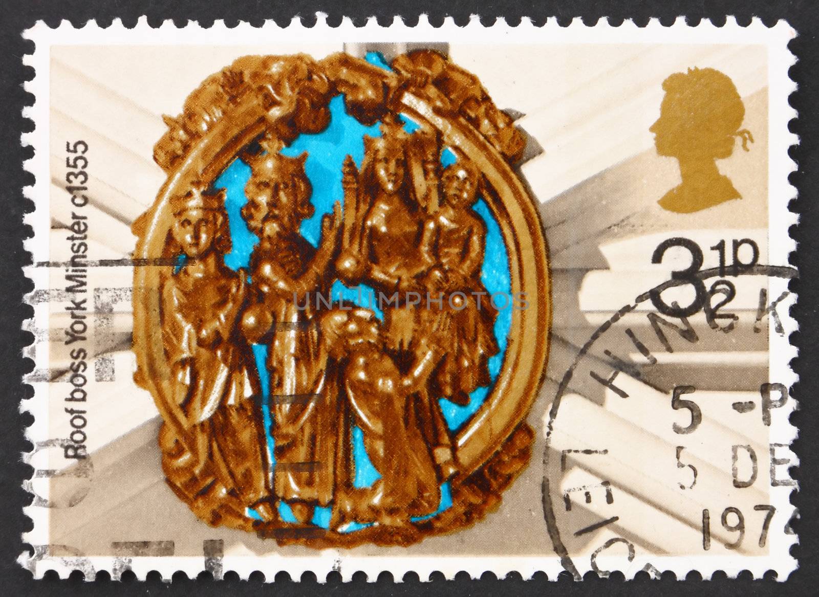 GREAT BRITAIN - CIRCA 1974: a stamp printed in the Great Britain shows Adoration of the Kings, York Minister, c. 1355, Christmas, circa 1974