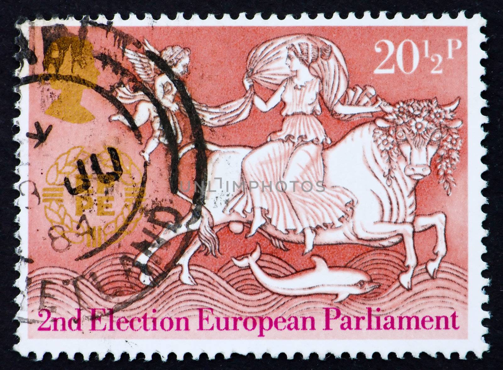 GREAT BRITAIN - CIRCA 1984: a stamp printed in the Great Britain shows Abduction of Europa, 2nd Election of the European Parliament, circa 1984