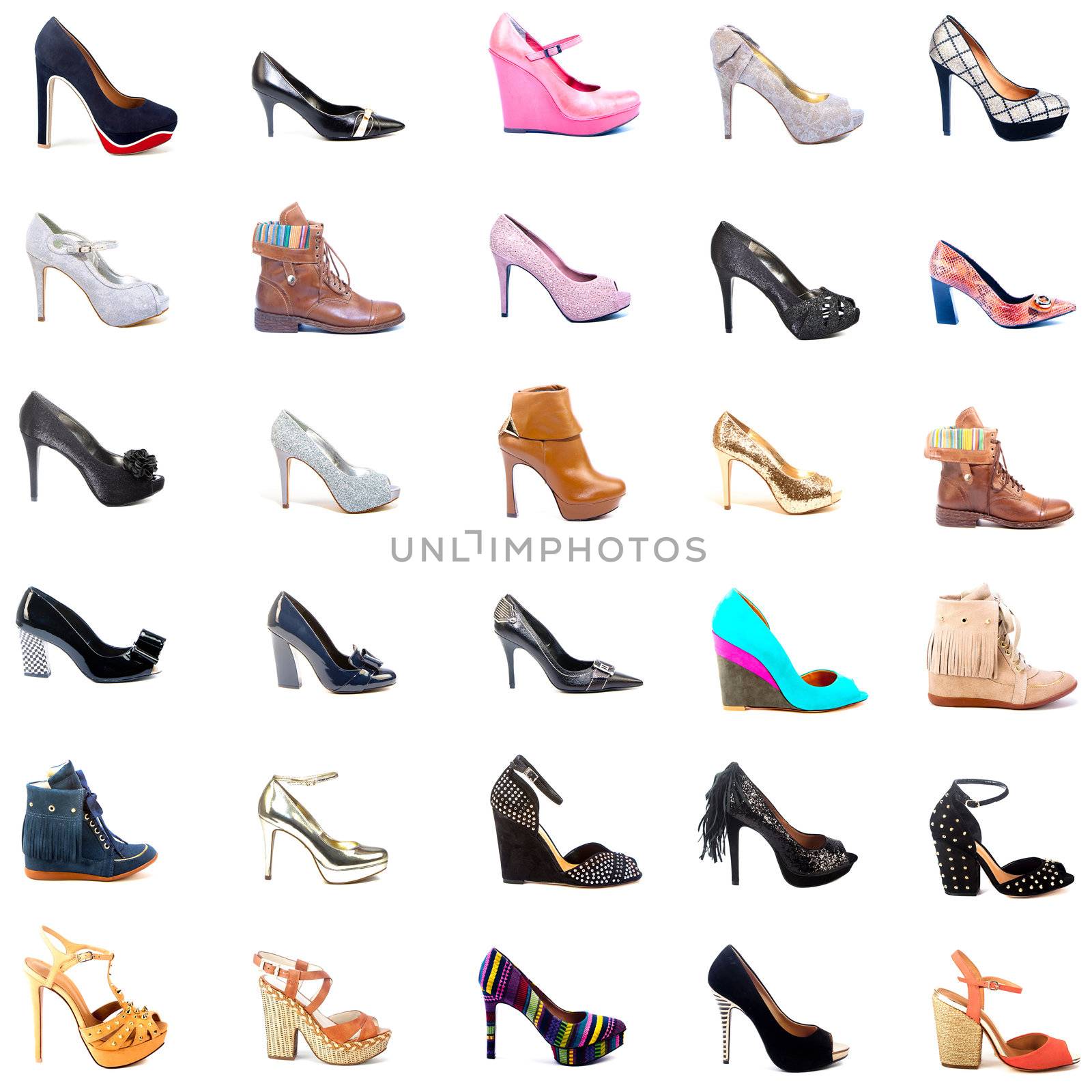 A collage of 30 ladies shoes, high heels, sandals and boots, isolated on a white background.