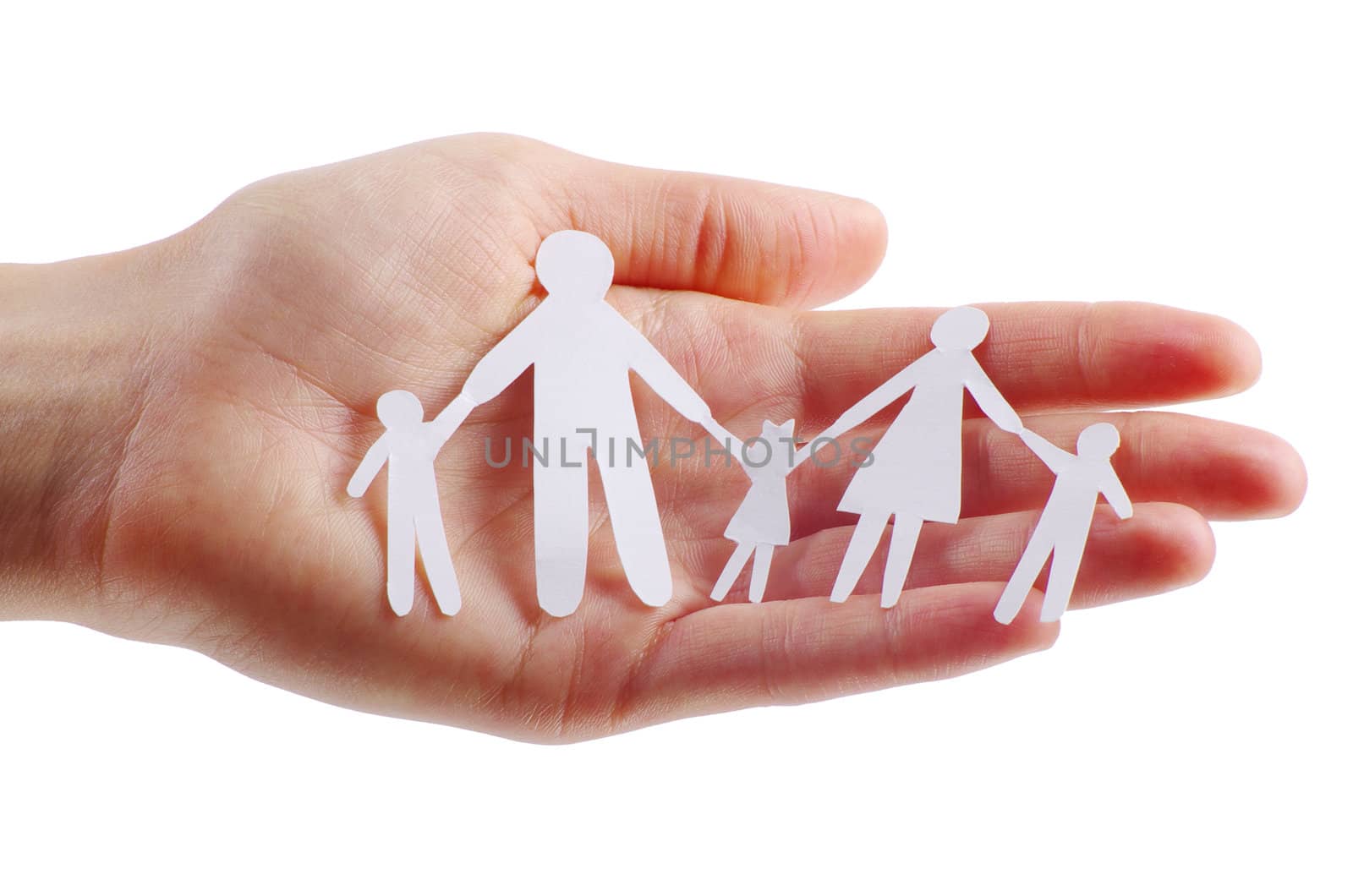 Paper family in hands isolated on white background