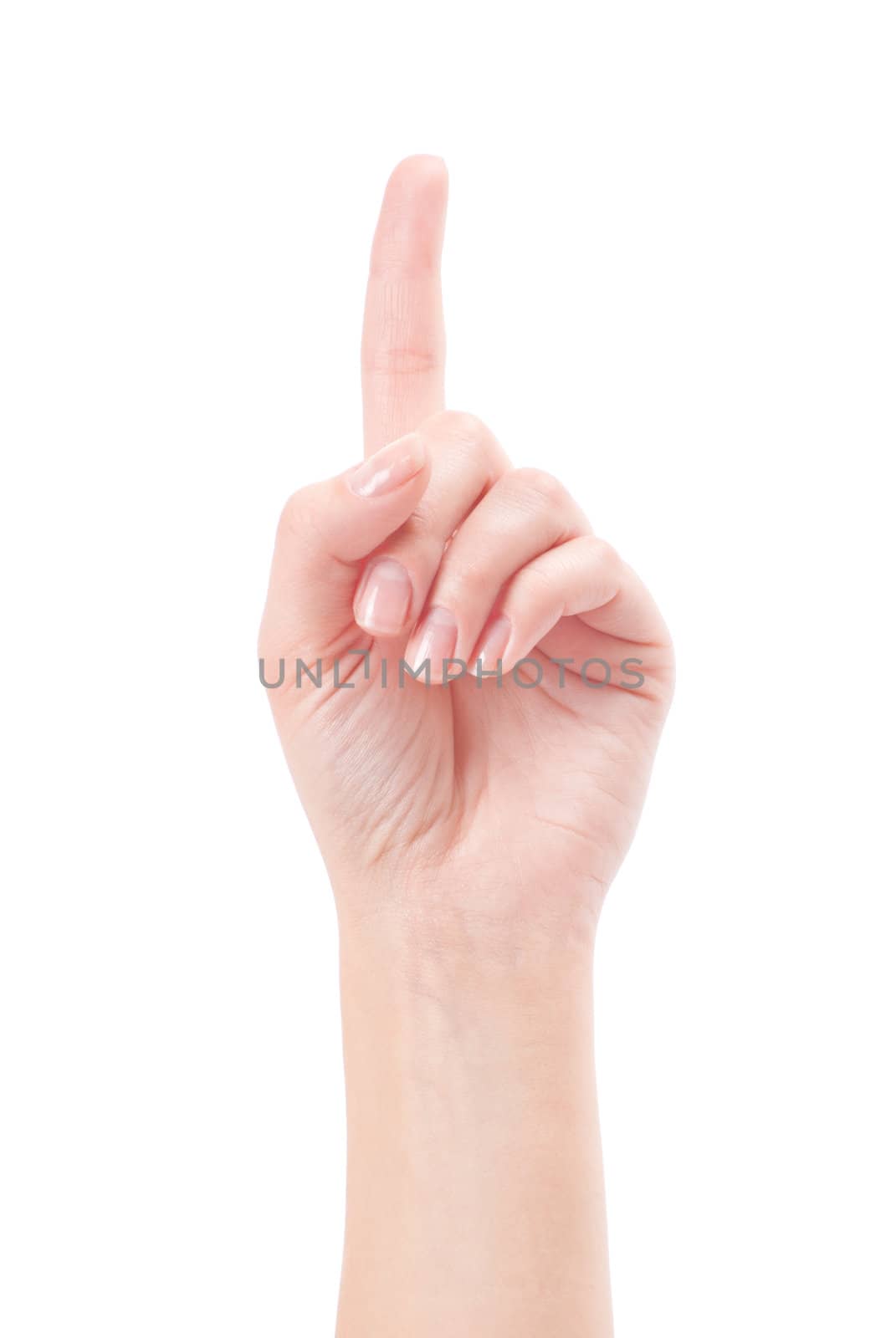 Hand with index finger, isolated on a white background